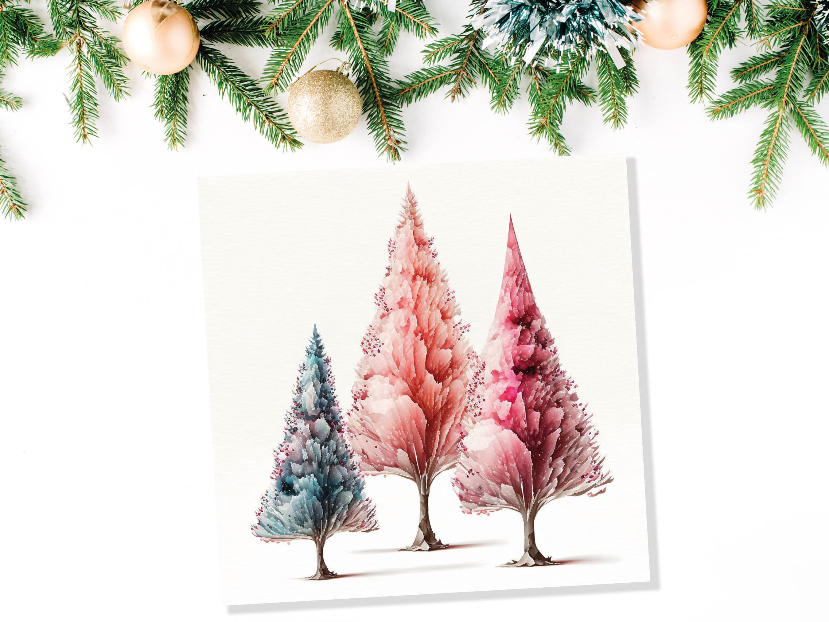 Watercolour Trees Christmas Card Modern Elegant Fir Tree Blue Coral Pink White Simple Painting Greetings Cards For Family Friends Xmas 2024 - View 7