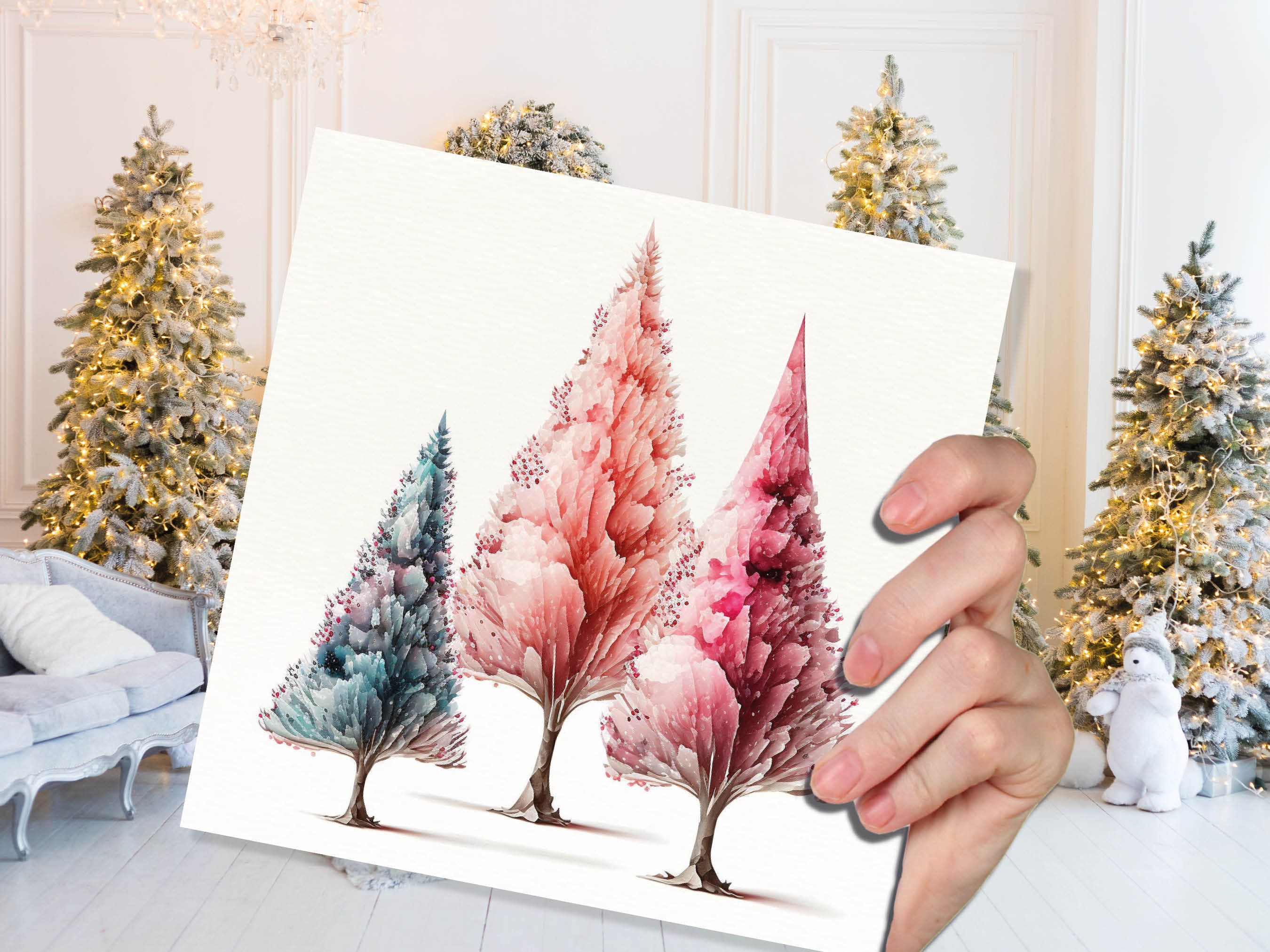 Watercolour Trees Christmas Card Modern Elegant Fir Tree Blue Coral Pink White Simple Painting Greetings Cards For Family Friends Xmas 2024 - View 8