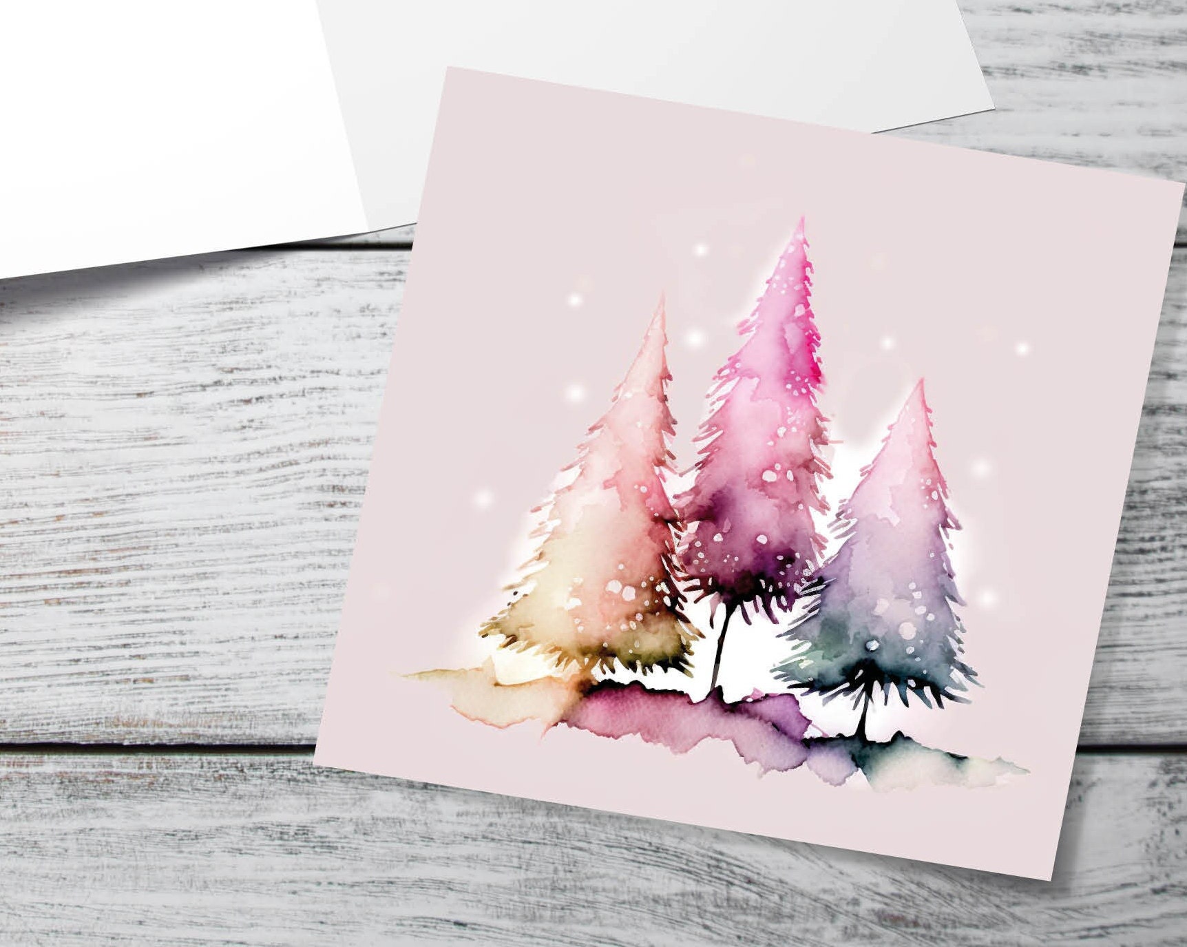 Messy Watercolour Trees Christmas Card Modern Elegant Fir Tree Fairy Lights Rainbow Painting Greetings Cards For Family Friends Xmas 2024 - View 10