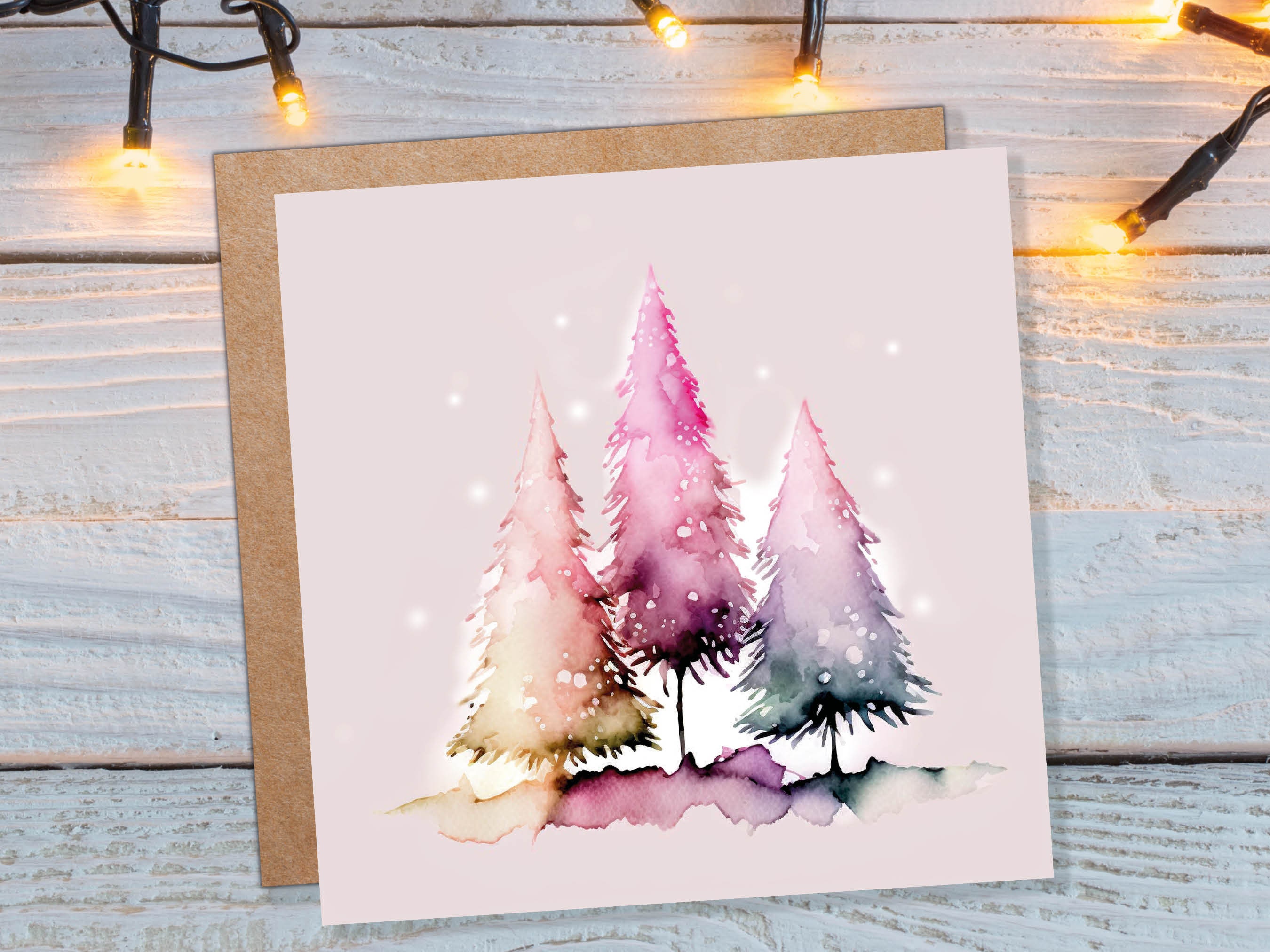 Messy Watercolour Trees Christmas Card Modern Elegant Fir Tree Fairy Lights Rainbow Painting Greetings Cards For Family Friends Xmas 2024