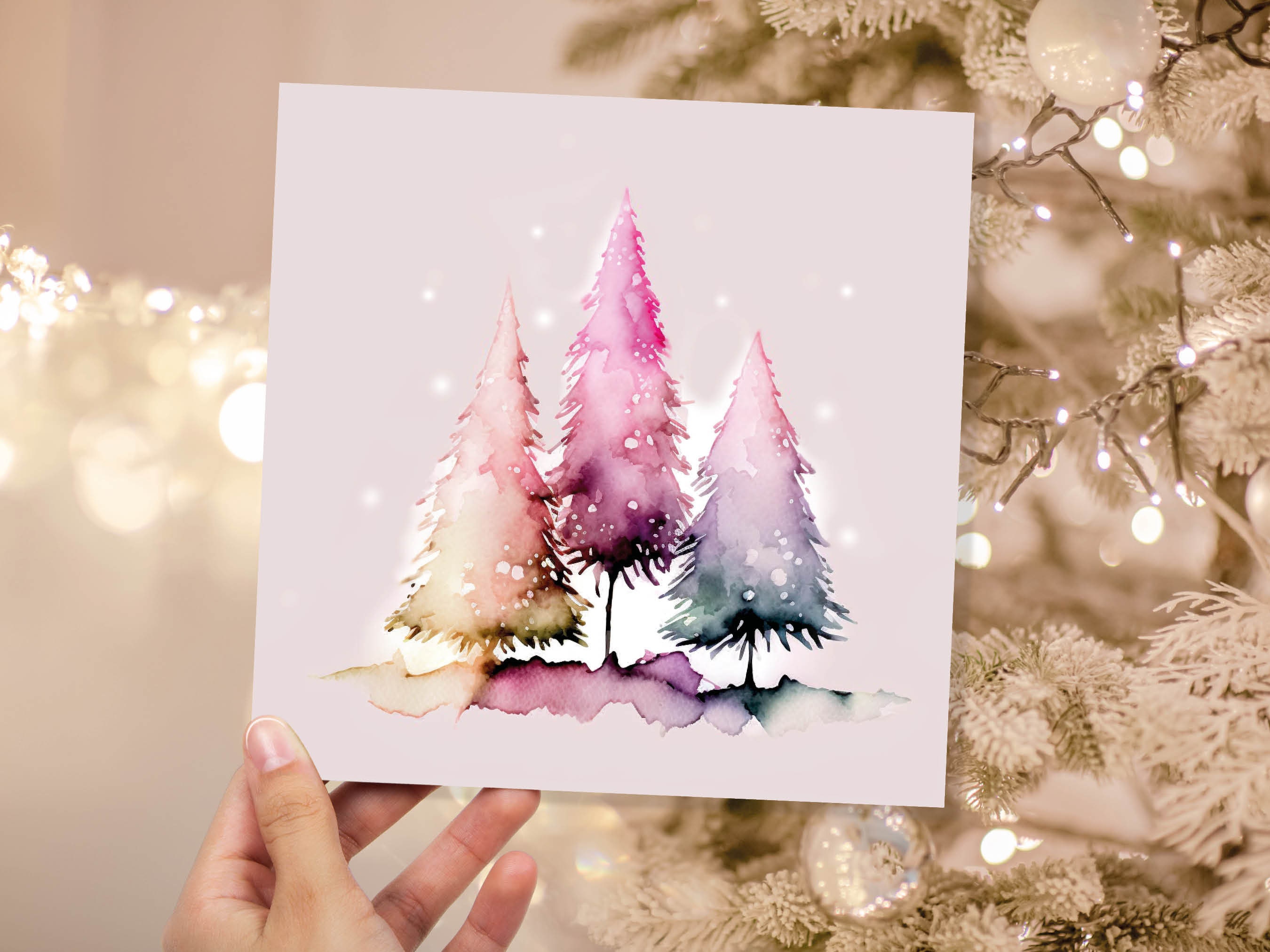 Messy Watercolour Trees Christmas Card Modern Elegant Fir Tree Fairy Lights Rainbow Painting Greetings Cards For Family Friends Xmas 2024 - View 2