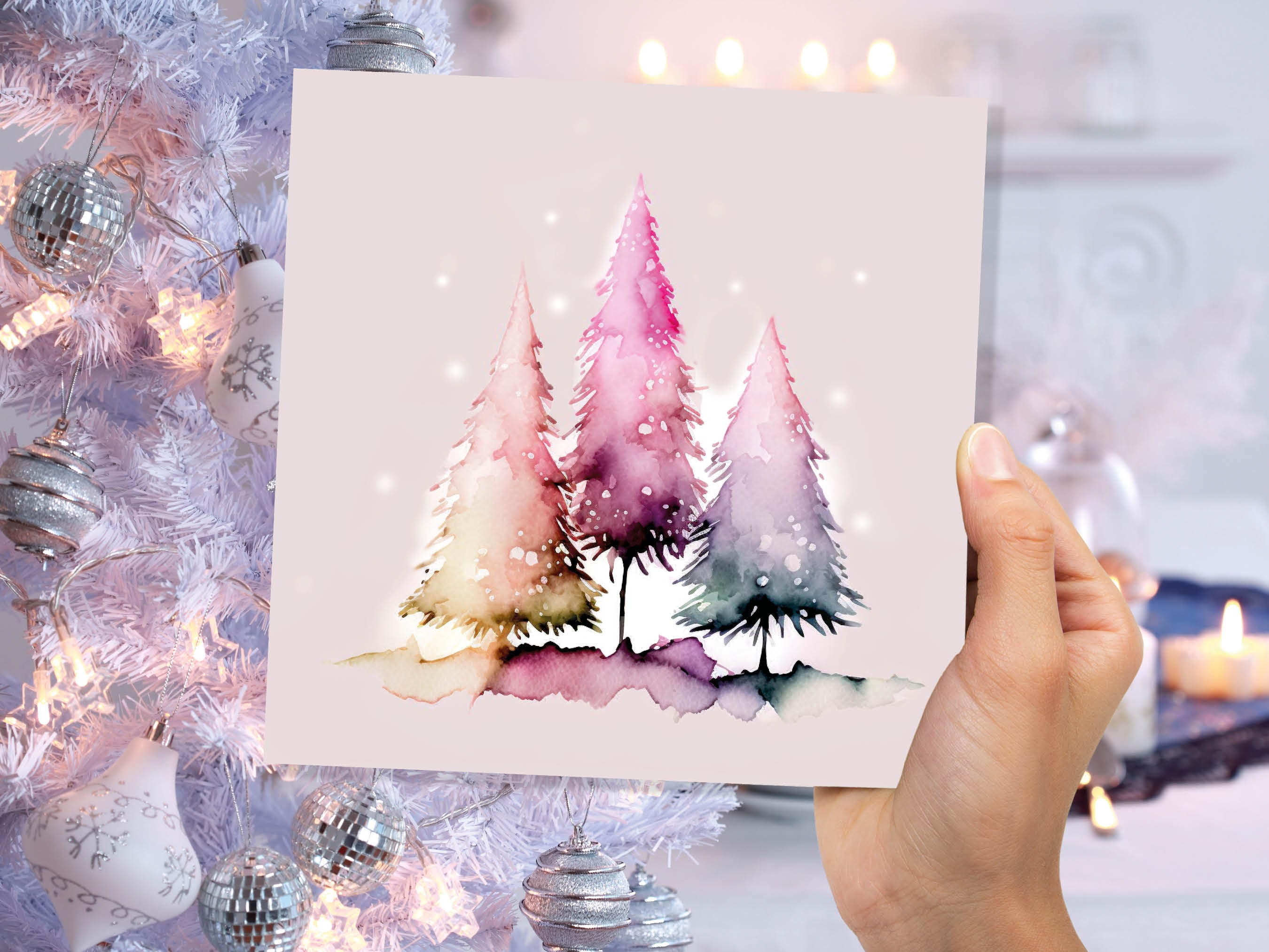 Messy Watercolour Trees Christmas Card Modern Elegant Fir Tree Fairy Lights Rainbow Painting Greetings Cards For Family Friends Xmas 2024 - View 3