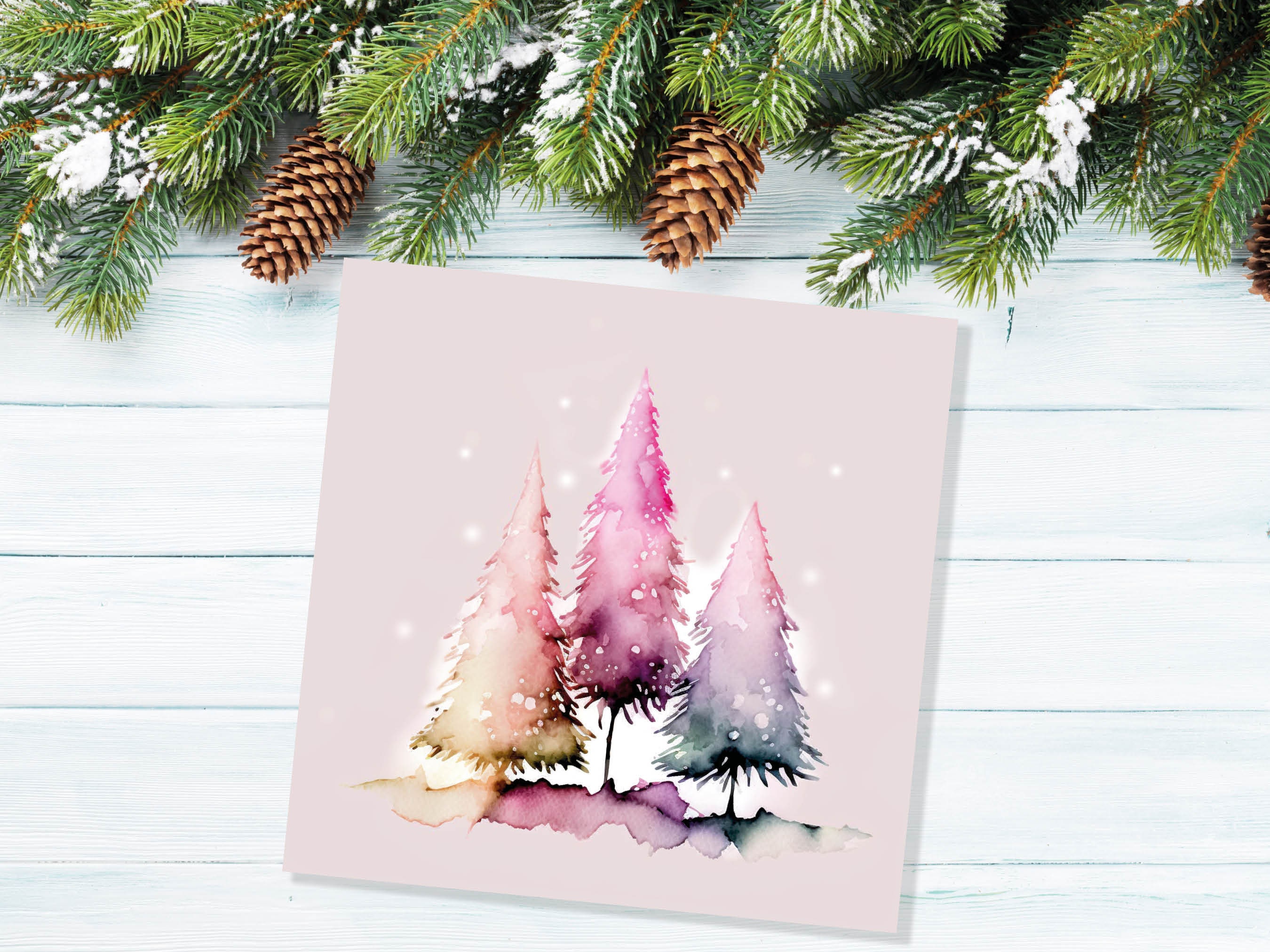 Messy Watercolour Trees Christmas Card Modern Elegant Fir Tree Fairy Lights Rainbow Painting Greetings Cards For Family Friends Xmas 2024 - View 4