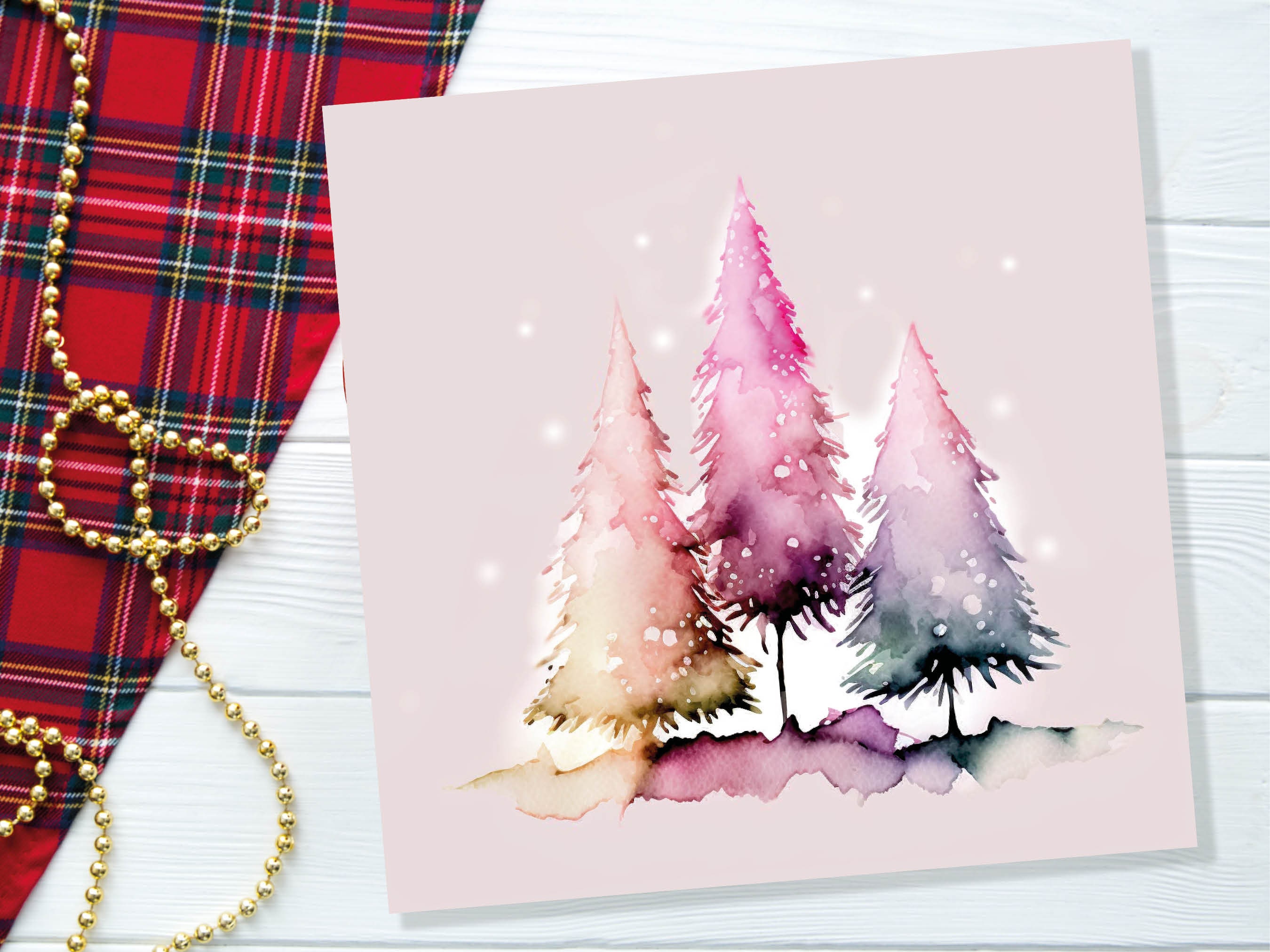 Messy Watercolour Trees Christmas Card Modern Elegant Fir Tree Fairy Lights Rainbow Painting Greetings Cards For Family Friends Xmas 2024 - View 5