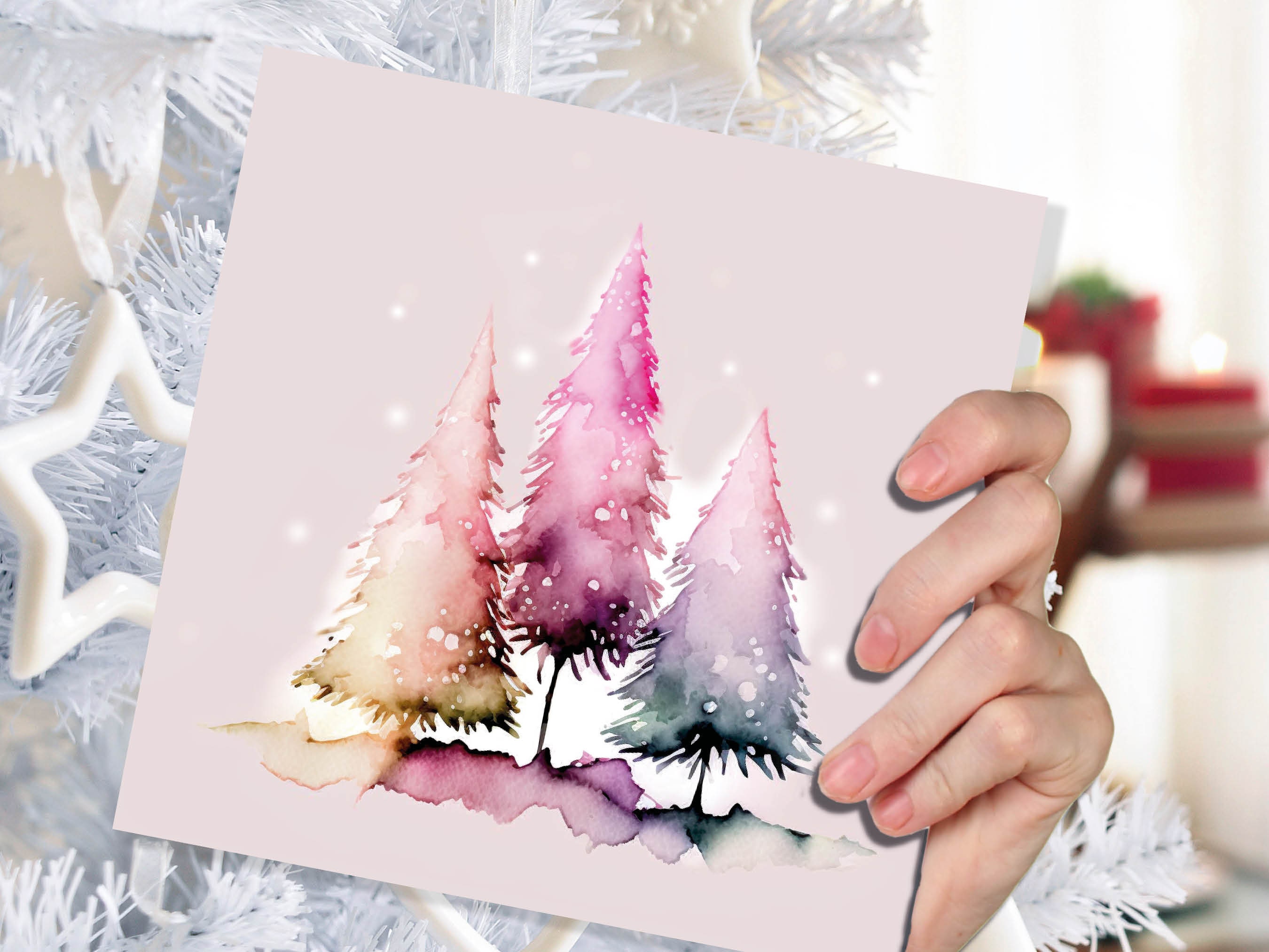 Messy Watercolour Trees Christmas Card Modern Elegant Fir Tree Fairy Lights Rainbow Painting Greetings Cards For Family Friends Xmas 2024 - View 6