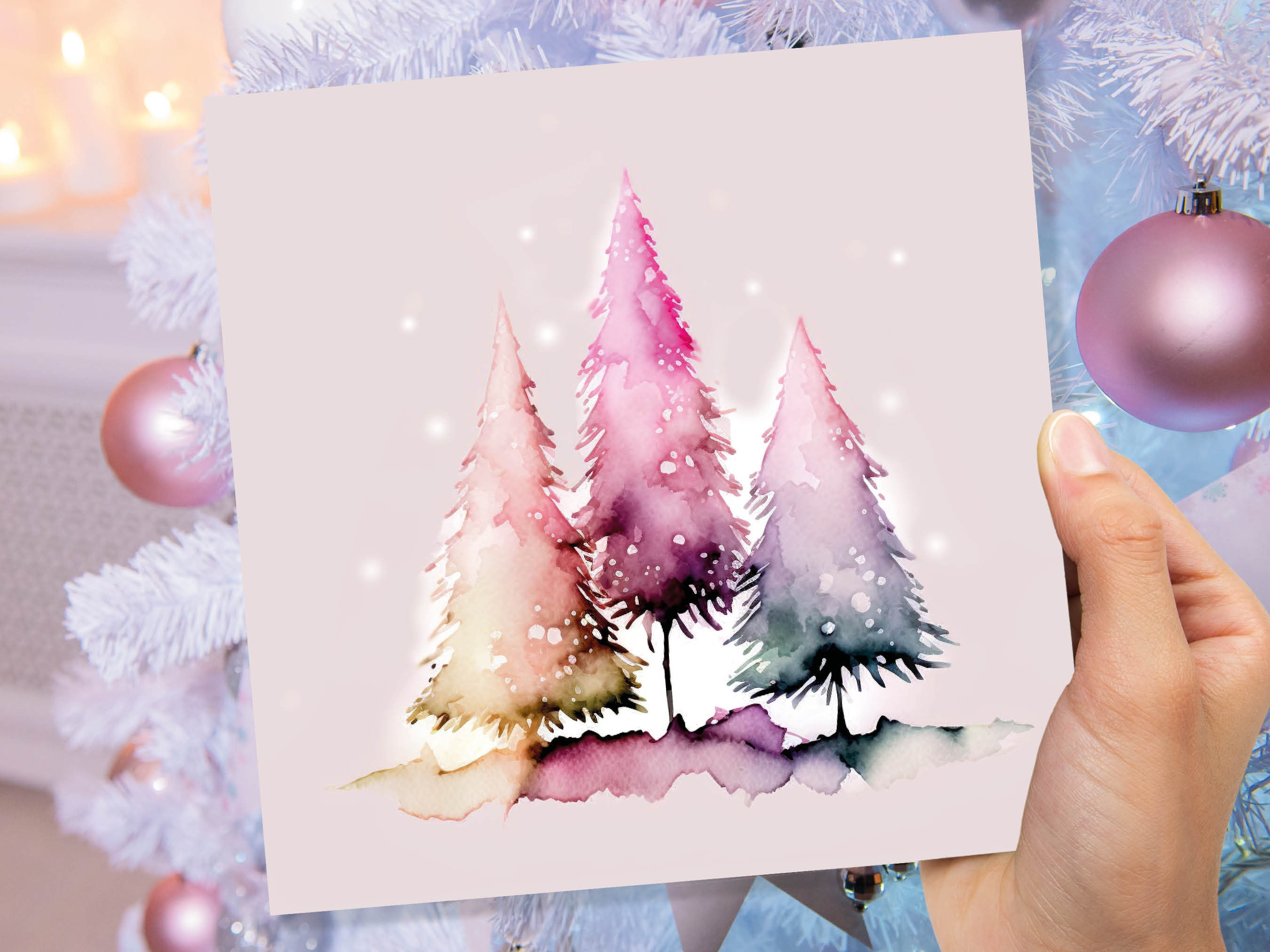 Messy Watercolour Trees Christmas Card Modern Elegant Fir Tree Fairy Lights Rainbow Painting Greetings Cards For Family Friends Xmas 2024 - View 7