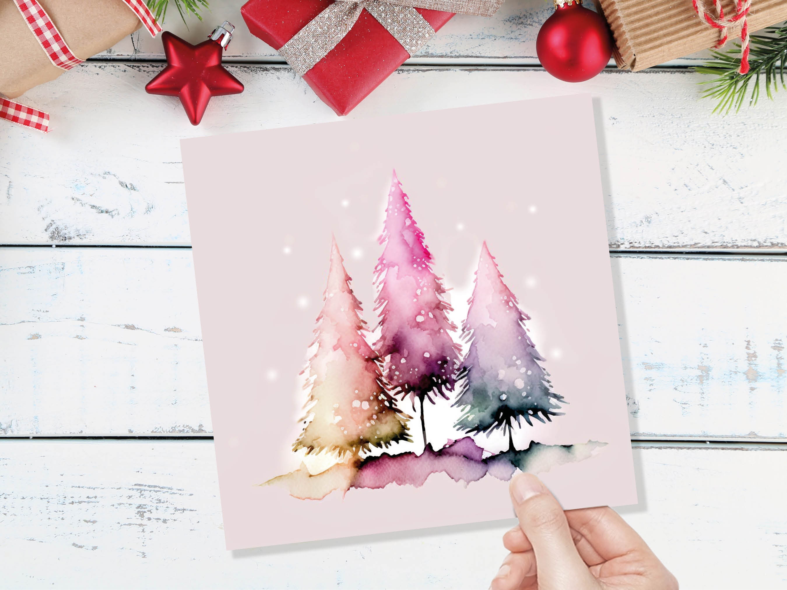 Messy Watercolour Trees Christmas Card Modern Elegant Fir Tree Fairy Lights Rainbow Painting Greetings Cards For Family Friends Xmas 2024 - View 8