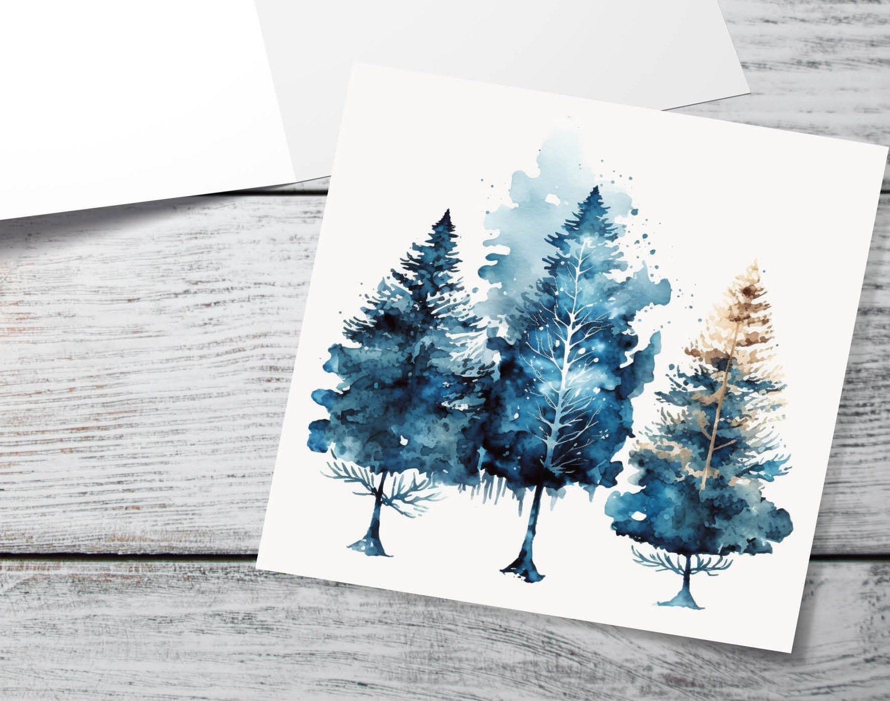 Watercolour Trees Christmas Card Prussian Blue Modern Elegant Fir Tree Messy Painting Simple Greetings Cards For Family Friends Xmas 2024 - View 10