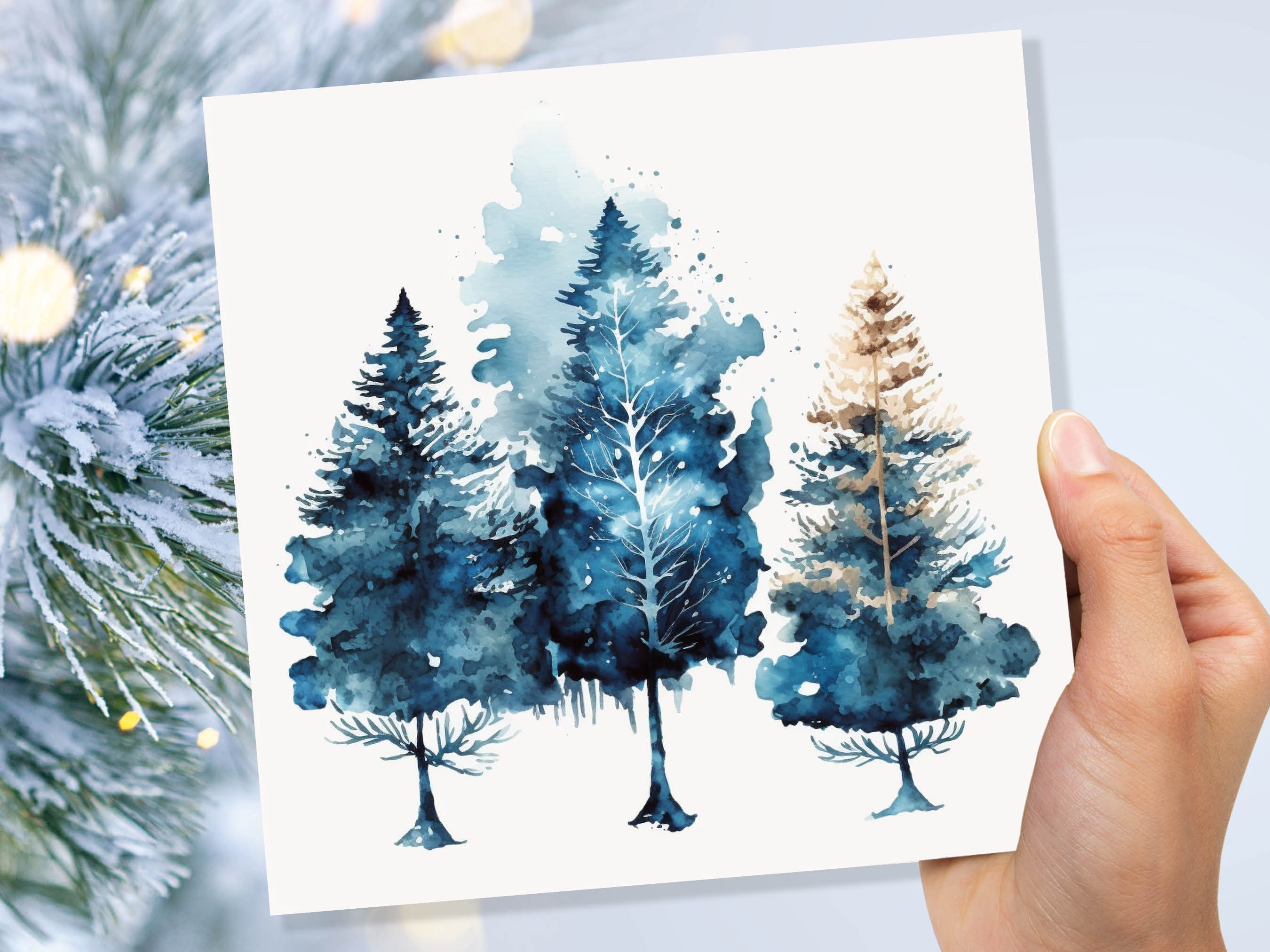 Watercolour Trees Christmas Card Prussian Blue Modern Elegant Fir Tree Messy Painting Simple Greetings Cards For Family Friends Xmas 2024