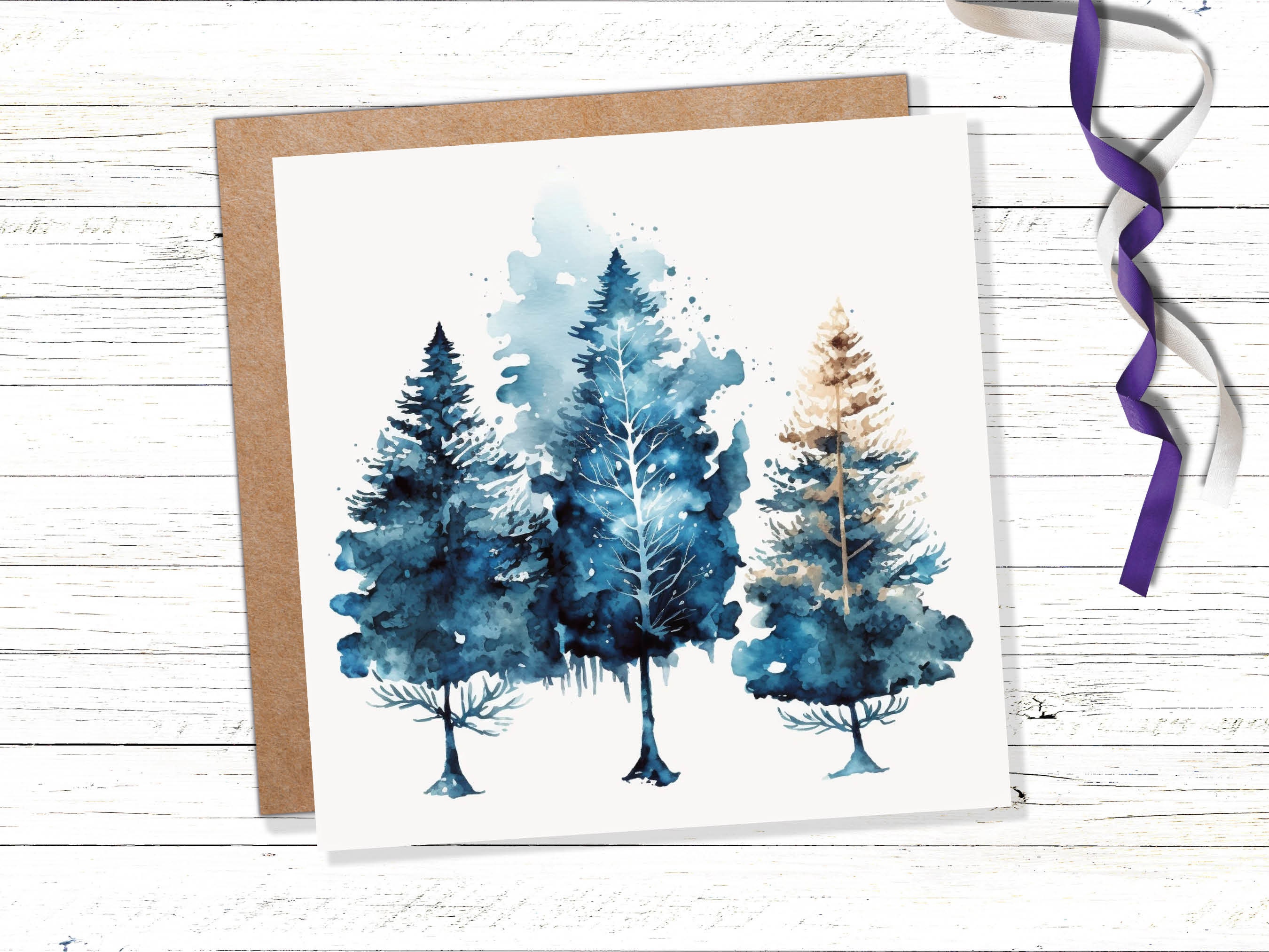 Watercolour Trees Christmas Card Prussian Blue Modern Elegant Fir Tree Messy Painting Simple Greetings Cards For Family Friends Xmas 2024 - View 2