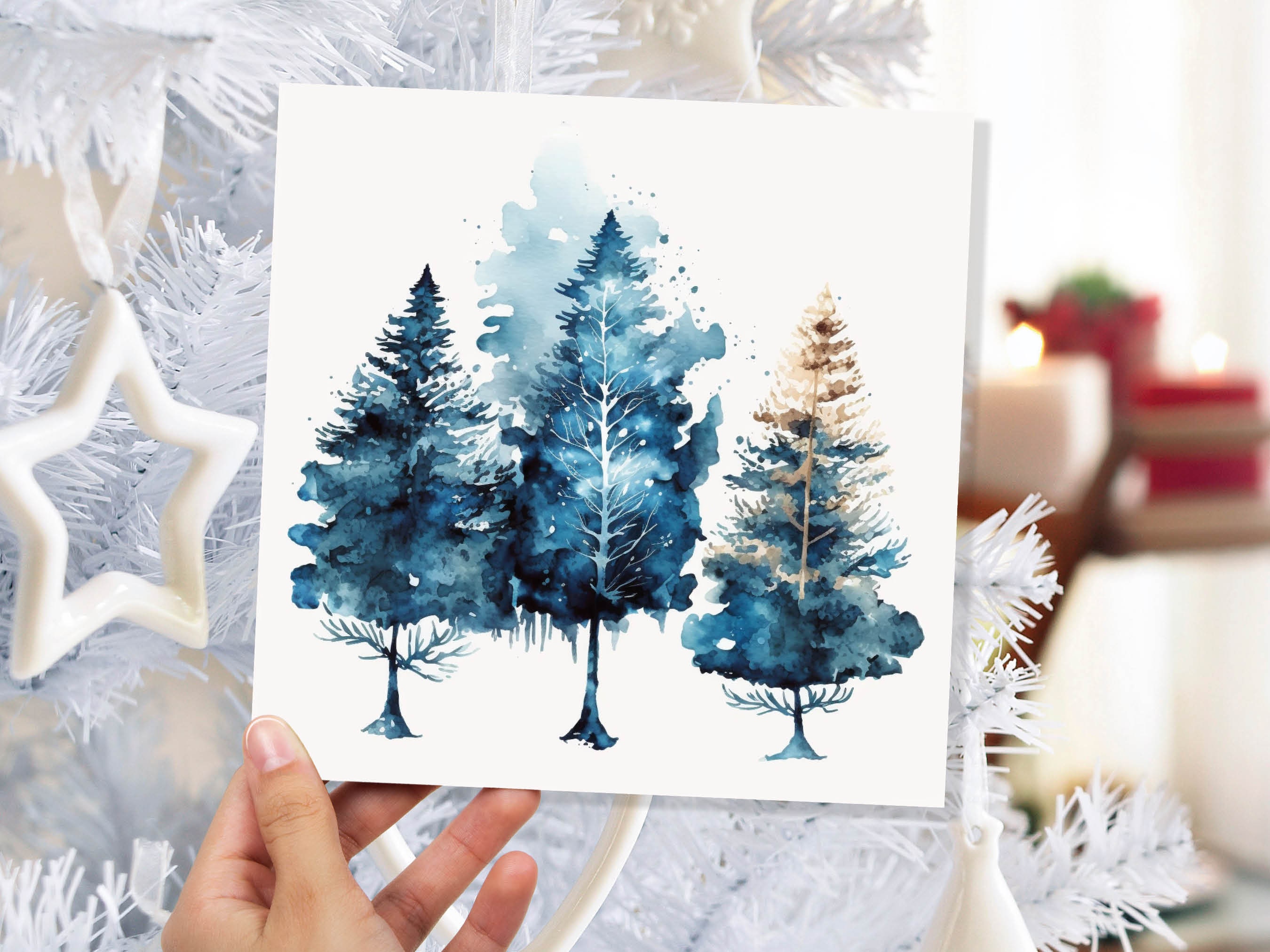 Watercolour Trees Christmas Card Prussian Blue Modern Elegant Fir Tree Messy Painting Simple Greetings Cards For Family Friends Xmas 2024 - View 3