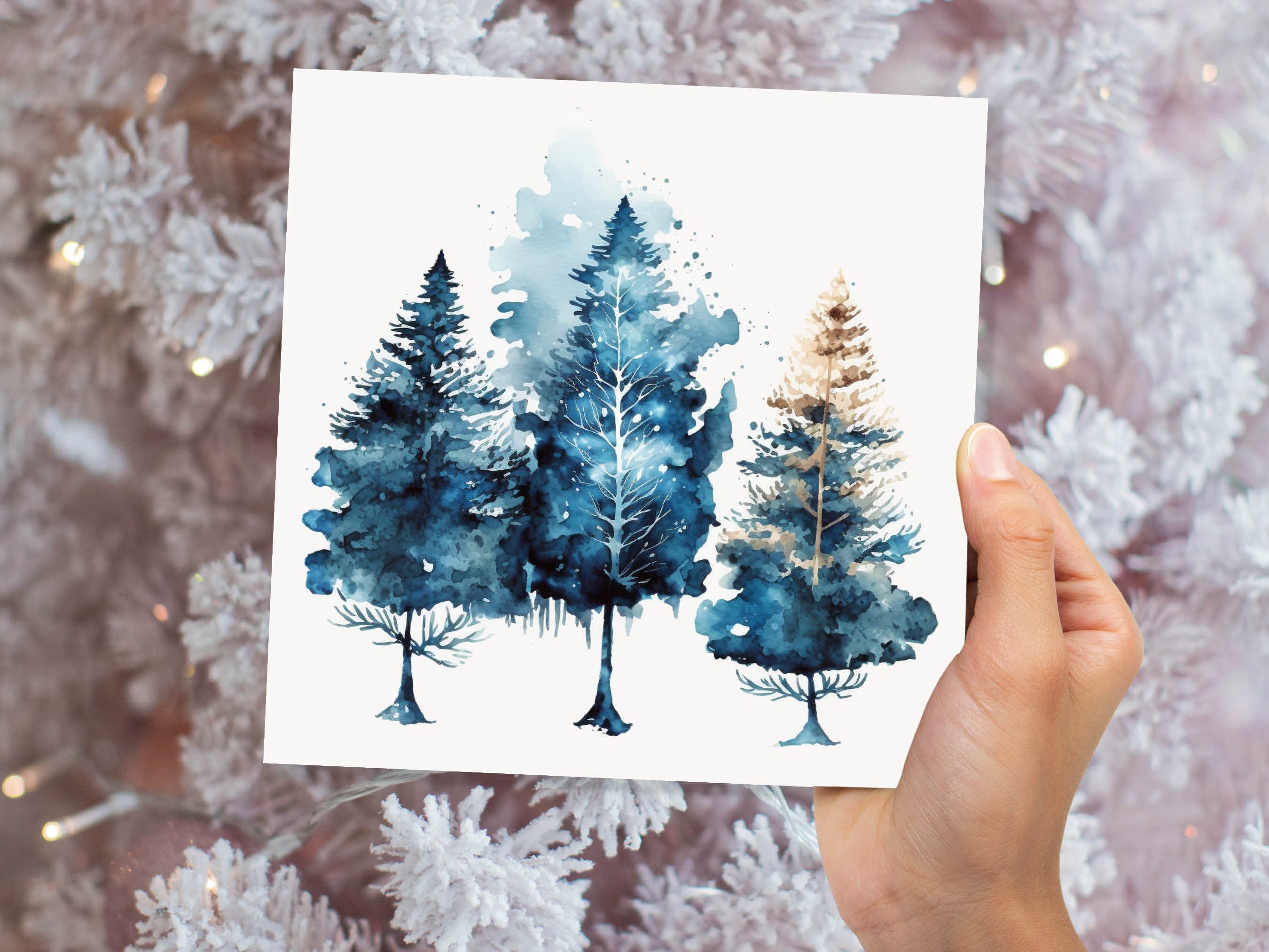 Watercolour Trees Christmas Card Prussian Blue Modern Elegant Fir Tree Messy Painting Simple Greetings Cards For Family Friends Xmas 2024 - View 4