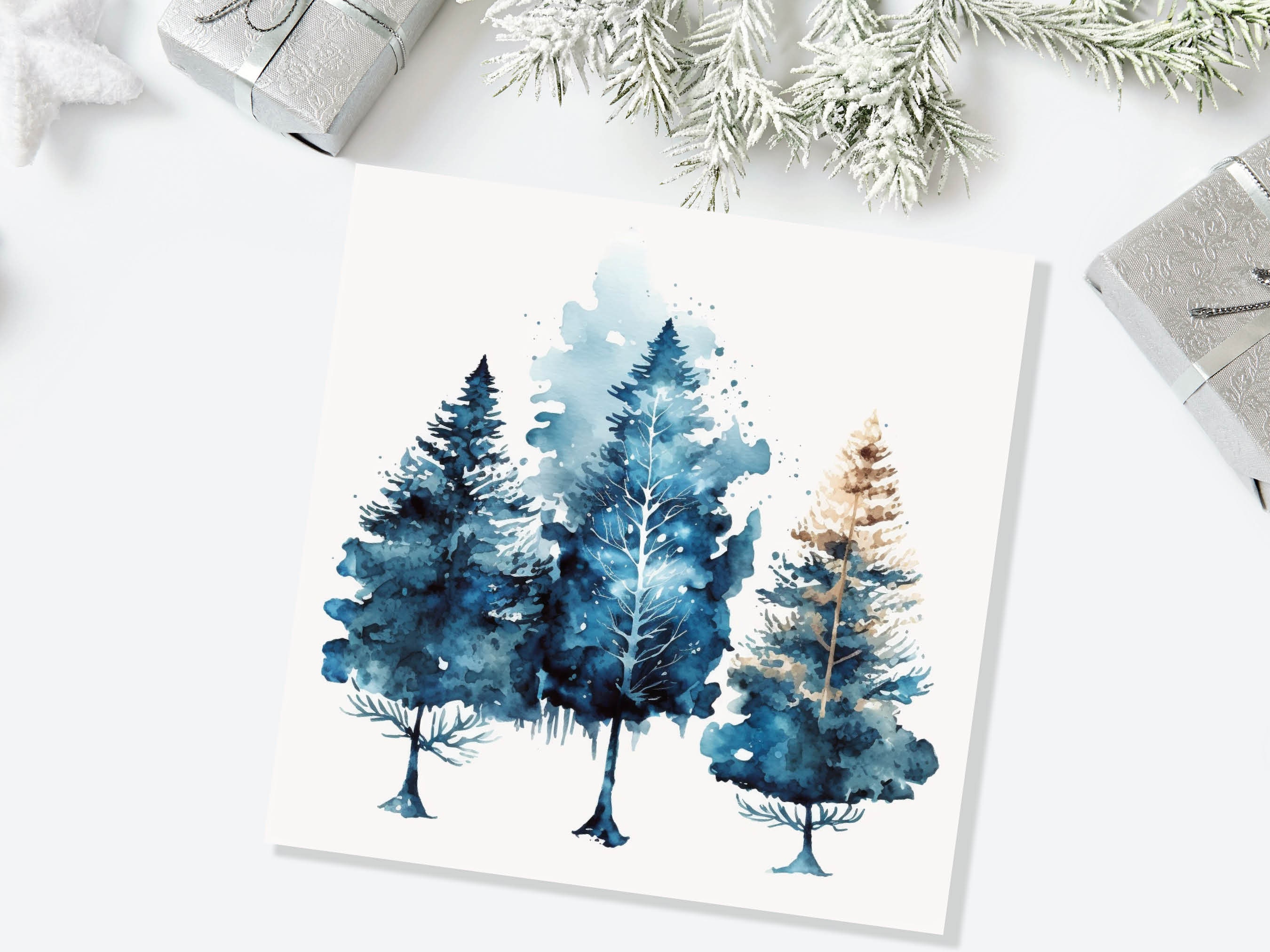 Watercolour Trees Christmas Card Prussian Blue Modern Elegant Fir Tree Messy Painting Simple Greetings Cards For Family Friends Xmas 2024 - View 5