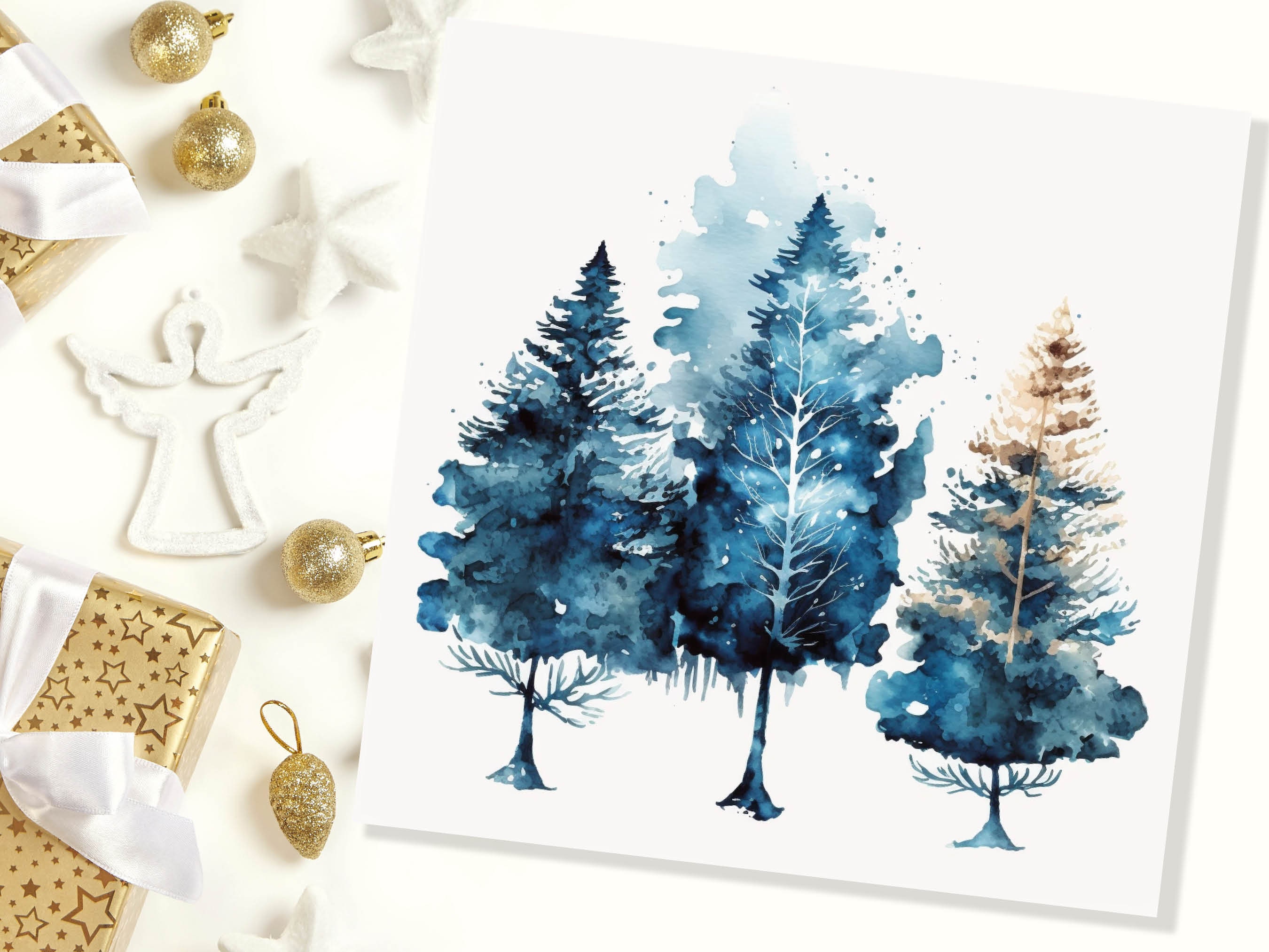 Watercolour Trees Christmas Card Prussian Blue Modern Elegant Fir Tree Messy Painting Simple Greetings Cards For Family Friends Xmas 2024 - View 6