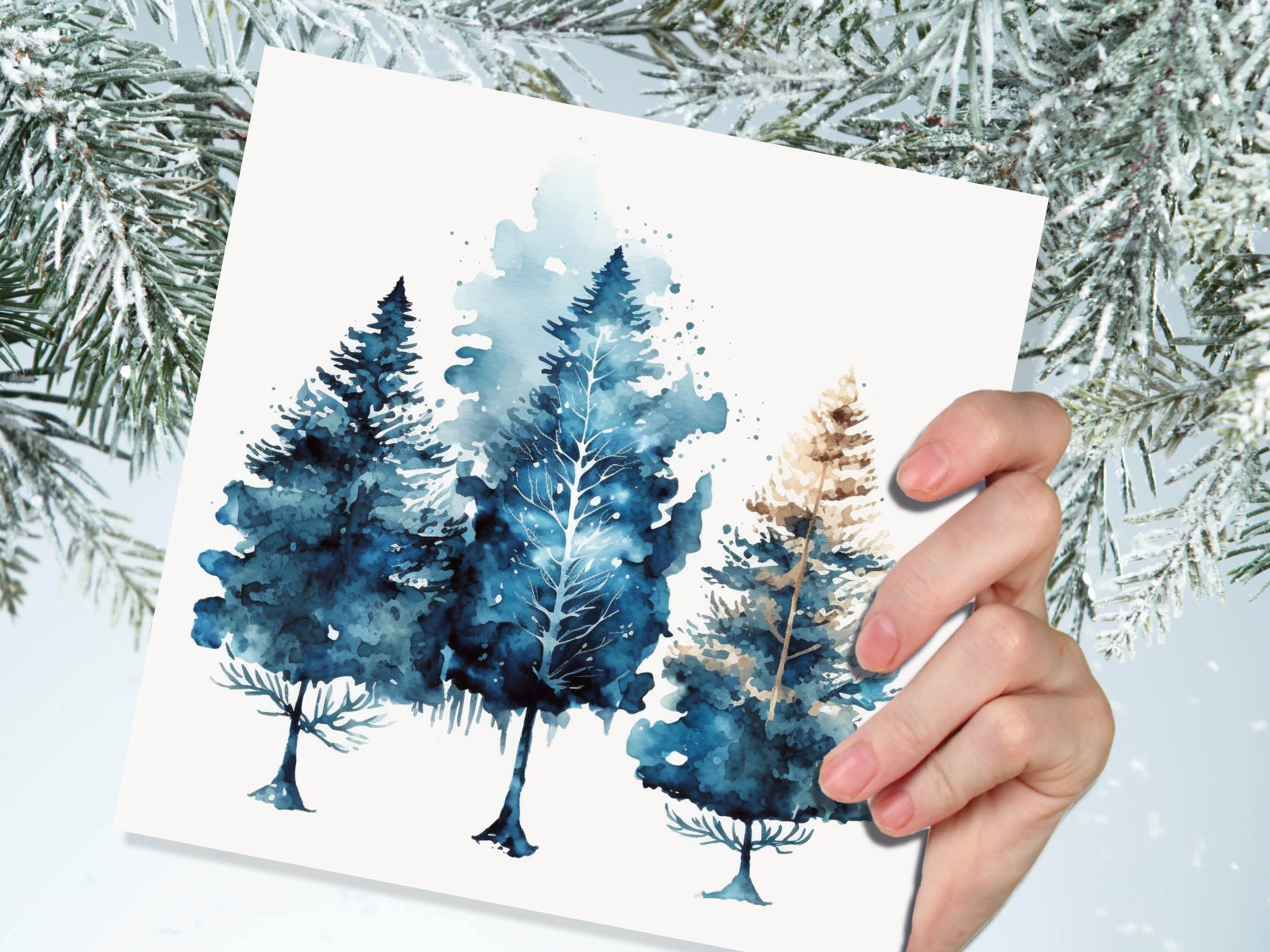 Watercolour Trees Christmas Card Prussian Blue Modern Elegant Fir Tree Messy Painting Simple Greetings Cards For Family Friends Xmas 2024 - View 7