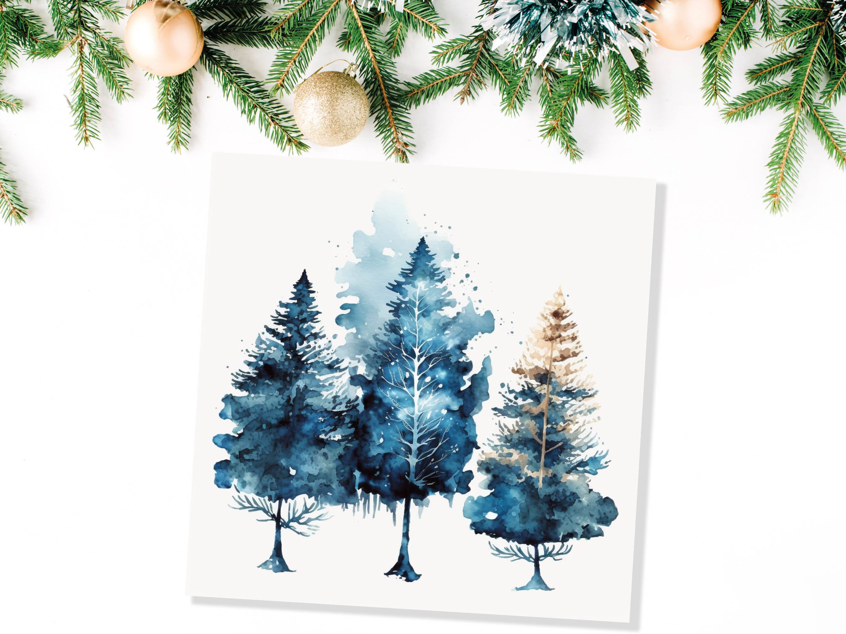 Watercolour Trees Christmas Card Prussian Blue Modern Elegant Fir Tree Messy Painting Simple Greetings Cards For Family Friends Xmas 2024 - View 8