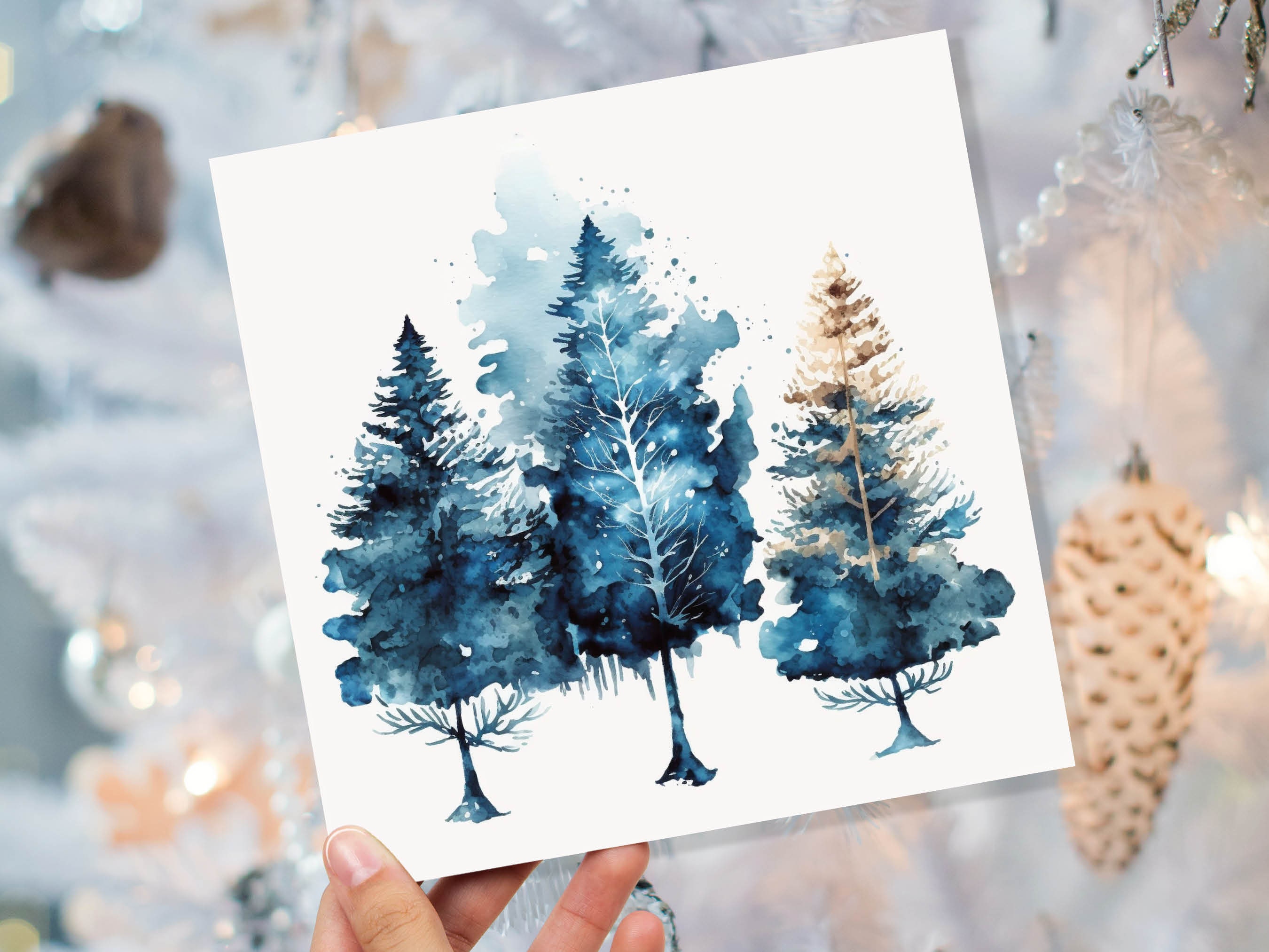 Watercolour Trees Christmas Card Prussian Blue Modern Elegant Fir Tree Messy Painting Simple Greetings Cards For Family Friends Xmas 2024 - View 9