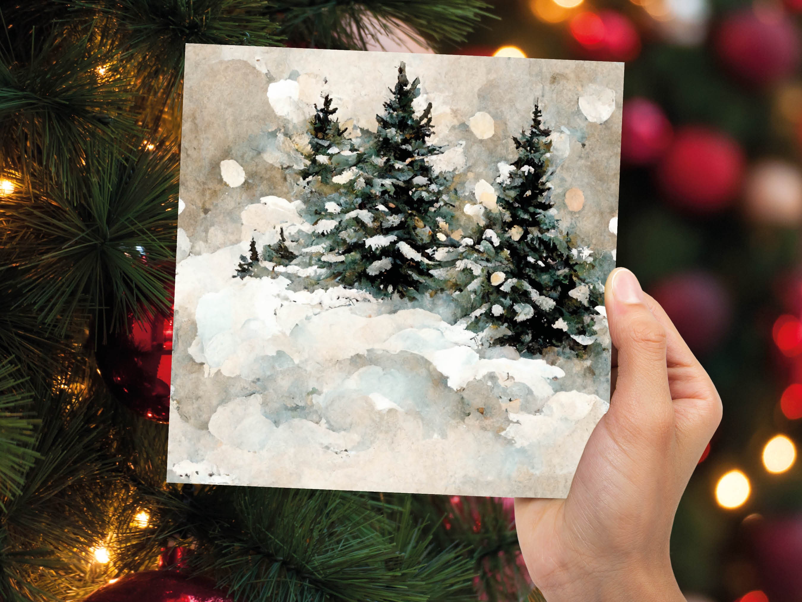 White Christmas Card Snow Scene Snowy Trees Winter Landscape Festive Watercolour Painting Greetings Family Friends Xmas 2024 1, 5, 10 Pack