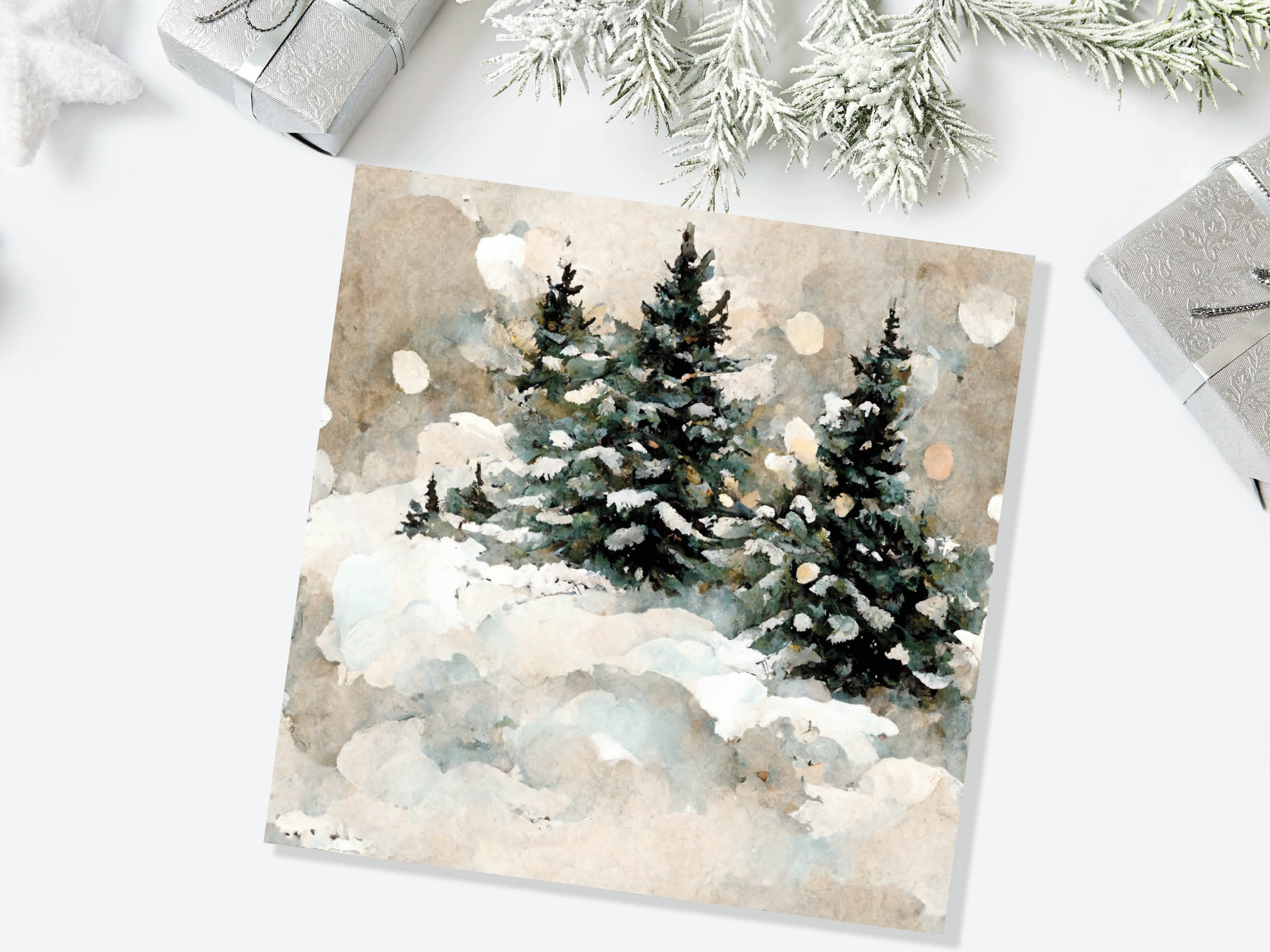 White Christmas Card Snow Scene Snowy Trees Winter Landscape Festive Watercolour Painting Greetings Family Friends Xmas 2024 1, 5, 10 Pack - View 2