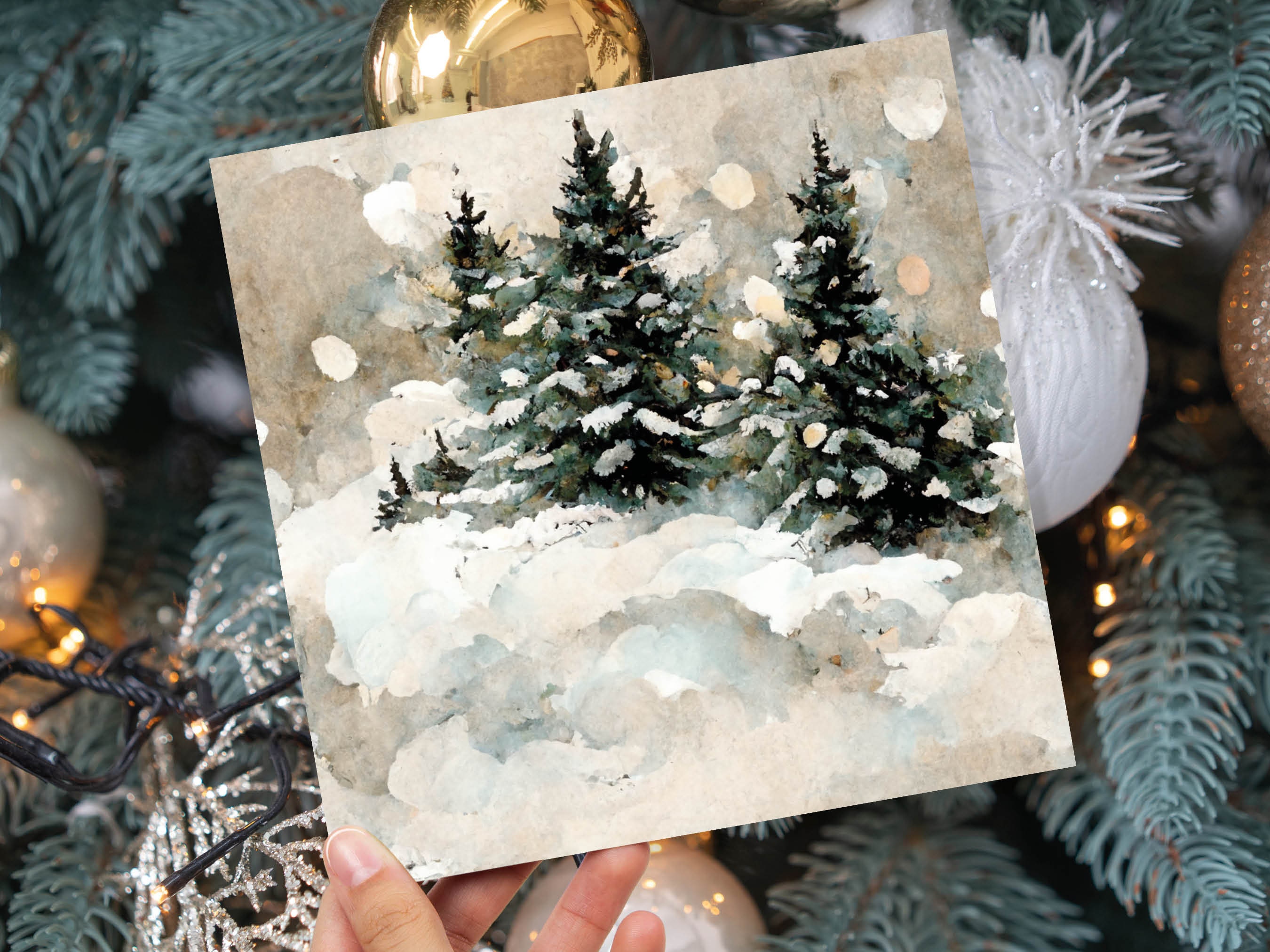 White Christmas Card Snow Scene Snowy Trees Winter Landscape Festive Watercolour Painting Greetings Family Friends Xmas 2024 1, 5, 10 Pack - View 3