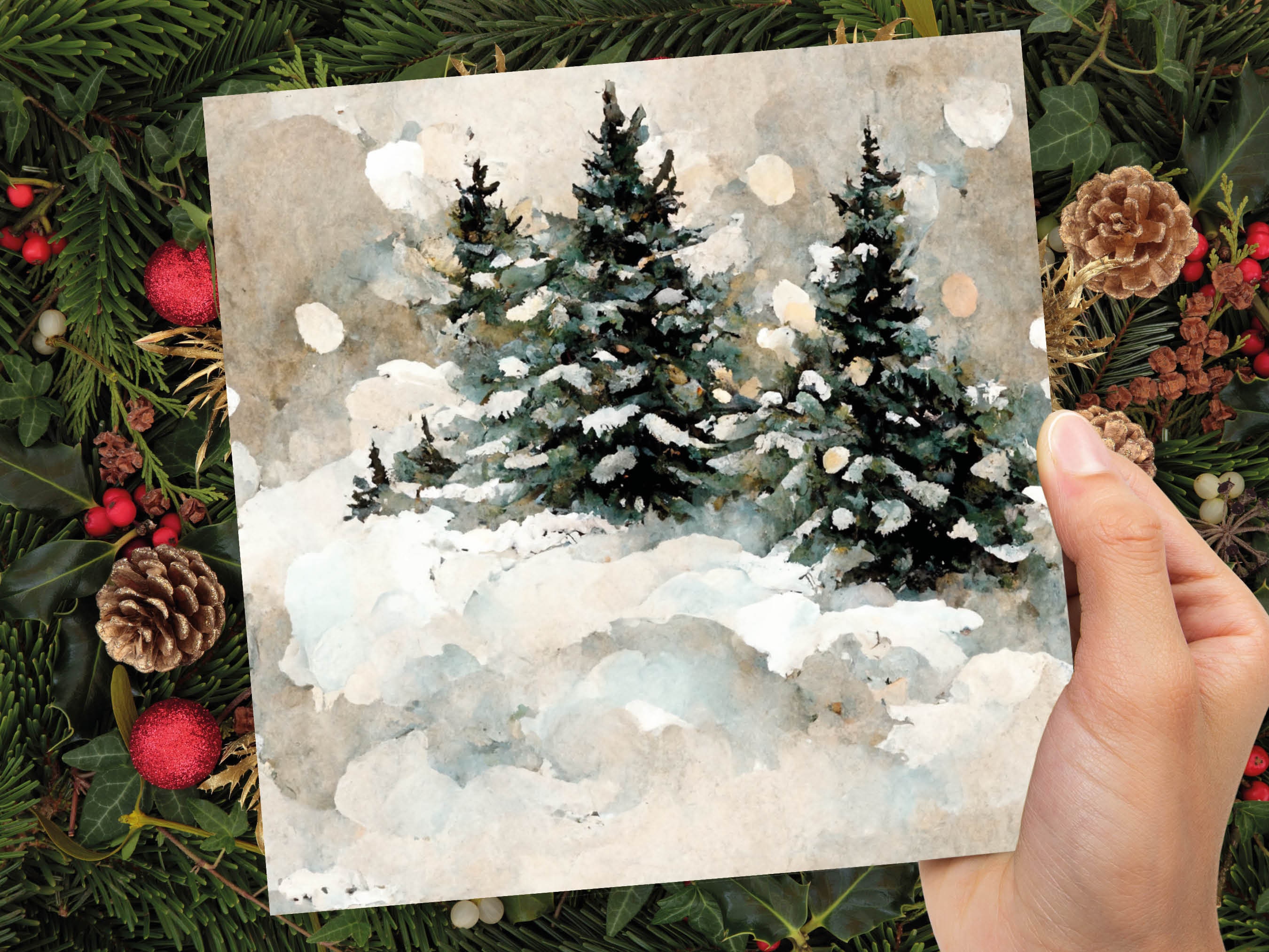 White Christmas Card Snow Scene Snowy Trees Winter Landscape Festive Watercolour Painting Greetings Family Friends Xmas 2024 1, 5, 10 Pack - View 7