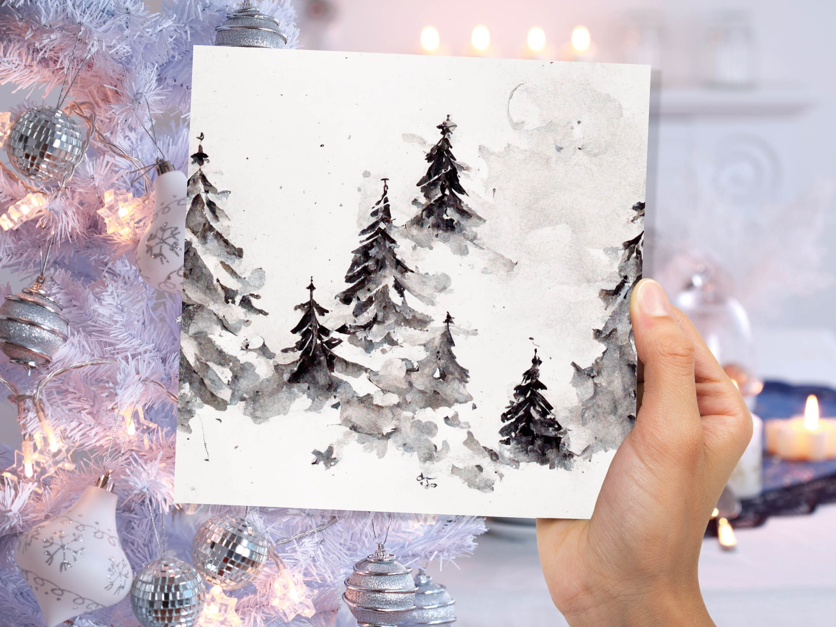 Simple Watercolour Pine Tree Card Snowy Trees Scene White Snow Winter Landscape Painting Family Friends Christmas 2024 Minimal Snowy Scenery - View 3