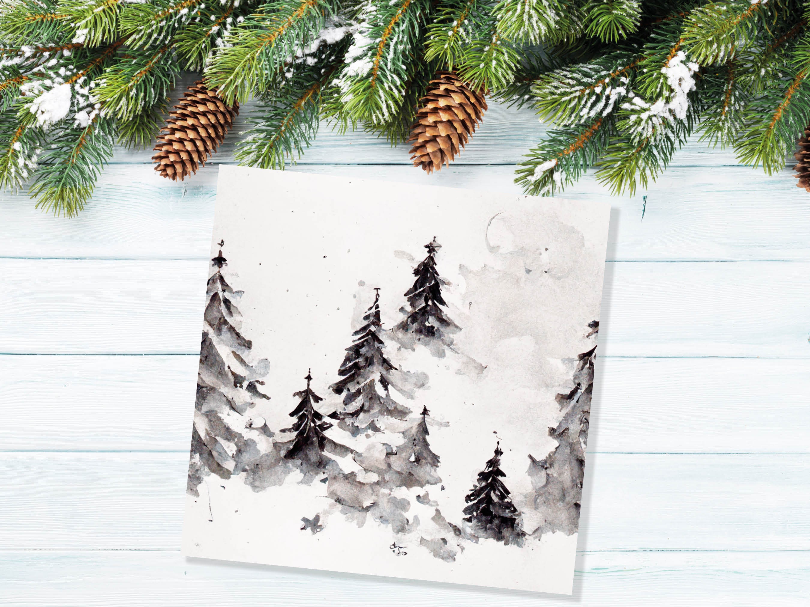 Simple Watercolour Pine Tree Card Snowy Trees Scene White Snow Winter Landscape Painting Family Friends Christmas 2024 Minimal Snowy Scenery - View 4