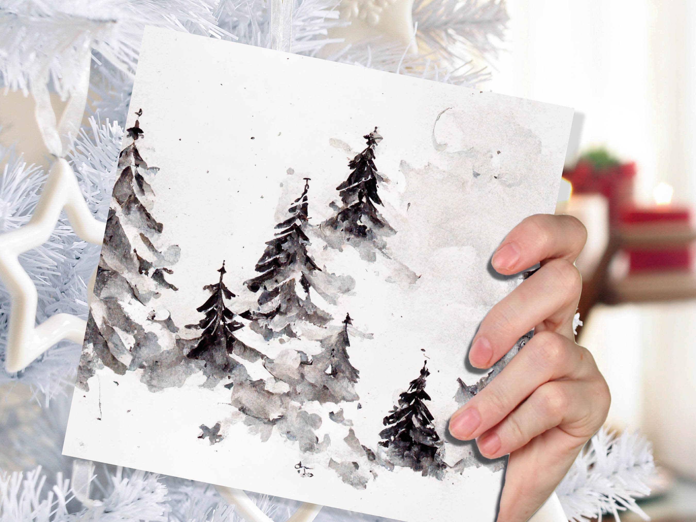 Simple Watercolour Pine Tree Card Snowy Trees Scene White Snow Winter Landscape Painting Family Friends Christmas 2024 Minimal Snowy Scenery - View 5