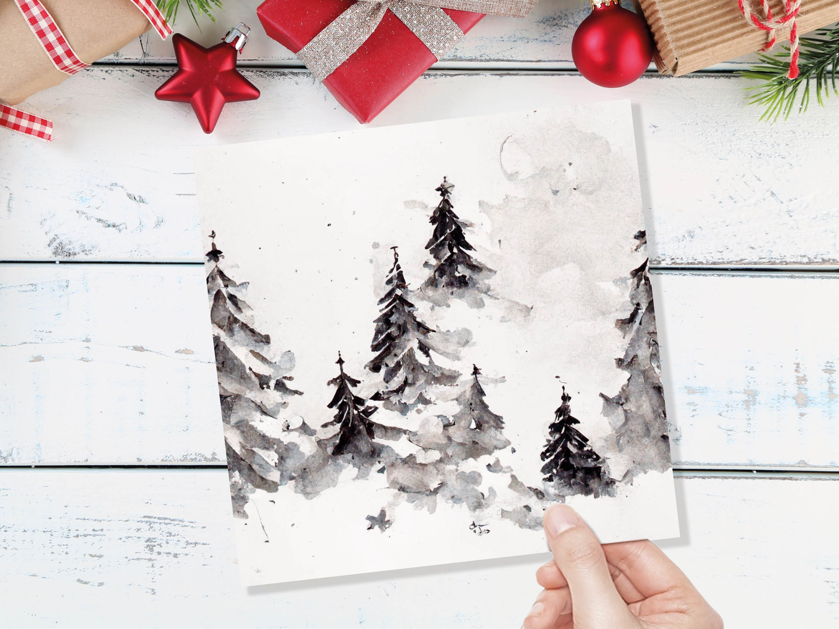 Simple Watercolour Pine Tree Card Snowy Trees Scene White Snow Winter Landscape Painting Family Friends Christmas 2024 Minimal Snowy Scenery - View 7