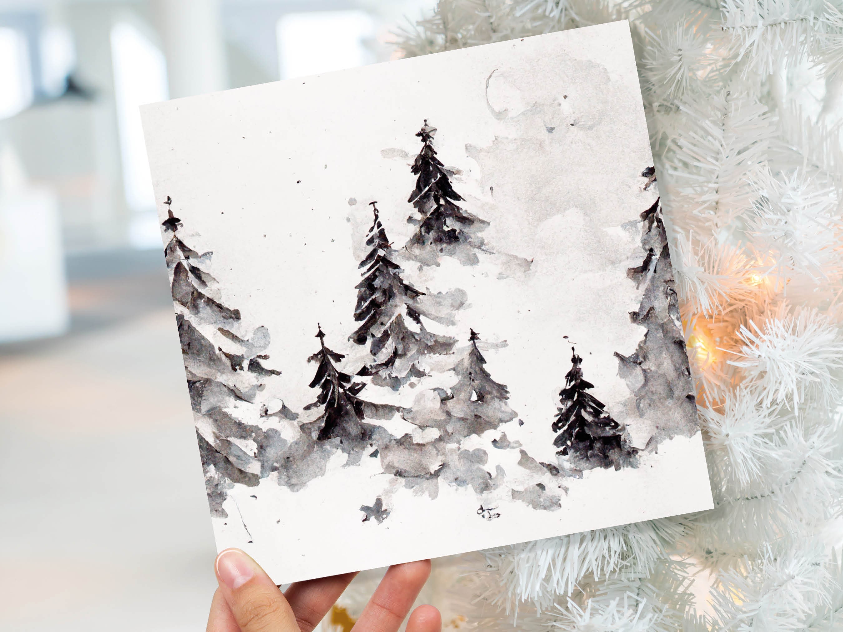 Simple Watercolour Pine Tree Card Snowy Trees Scene White Snow Winter Landscape Painting Family Friends Christmas 2024 Minimal Snowy Scenery - View 8