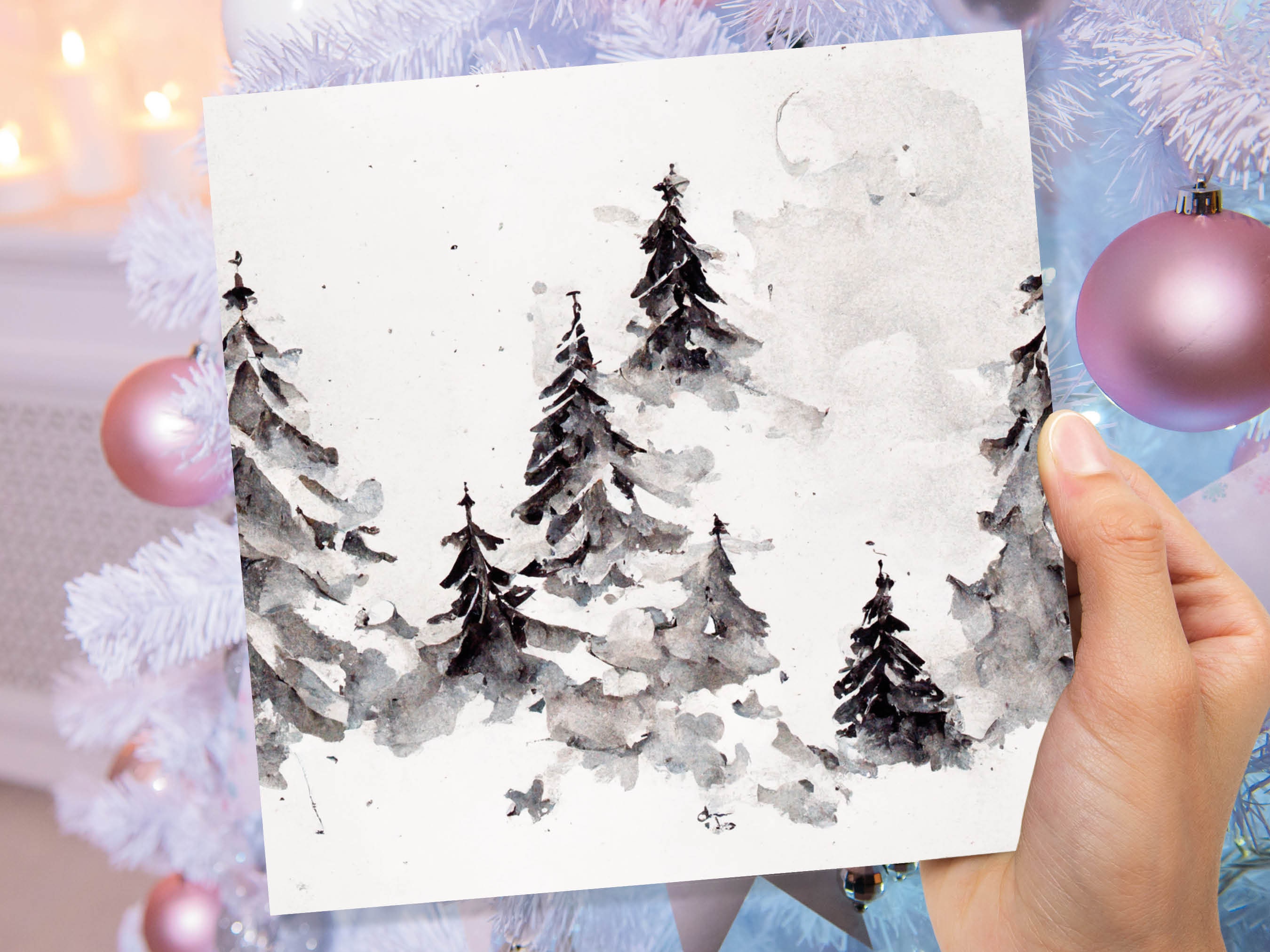 Simple Watercolour Pine Tree Card Snowy Trees Scene White Snow Winter Landscape Painting Family Friends Christmas 2024 Minimal Snowy Scenery - View 6