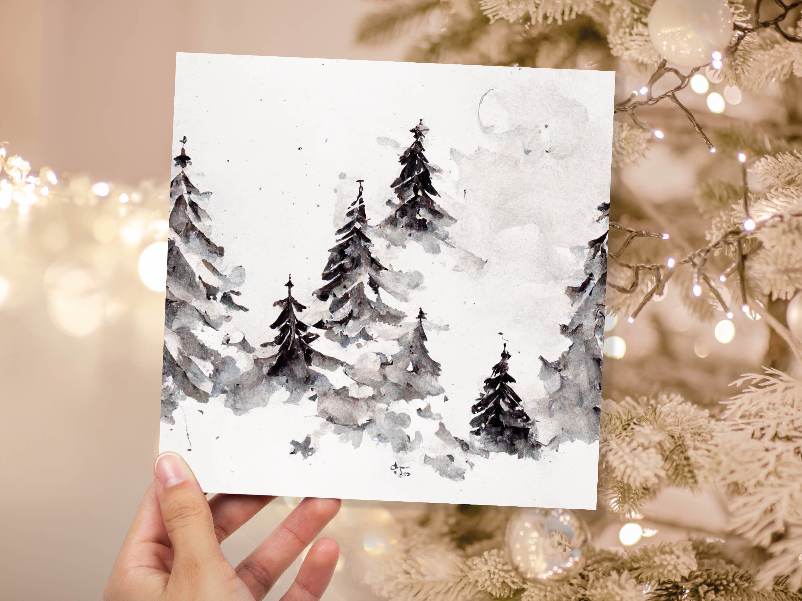 Simple Watercolour Pine Tree Card Snowy Trees Scene White Snow Winter Landscape Painting Family Friends Christmas 2024 Minimal Snowy Scenery - View 2