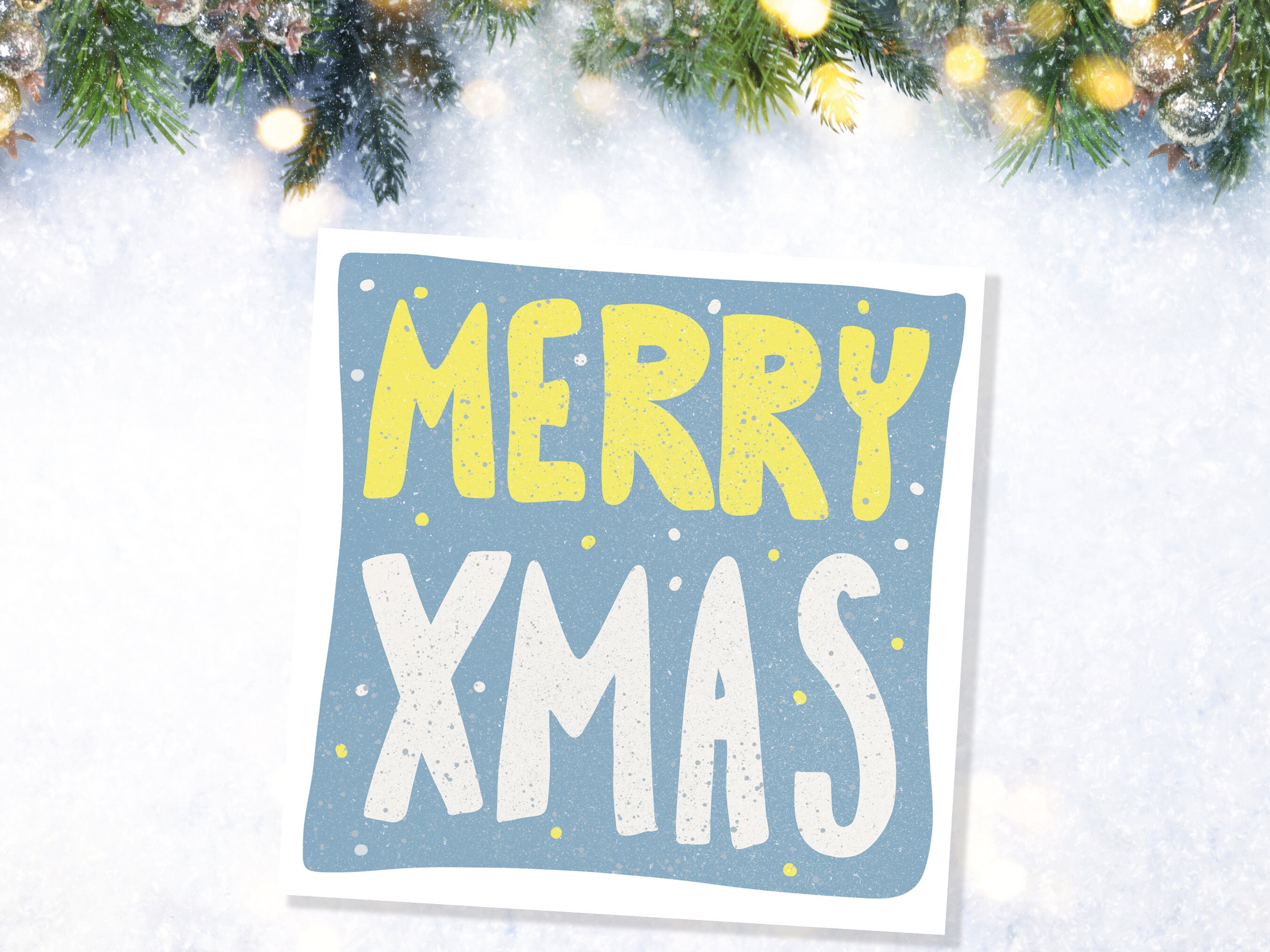 Hand Lettered Merry Christmas Card Blue and Yellow Bold Lettering Quote Festive Greetings for Friends or Family 1, 5 or 10 Pack Set Simple - View 10