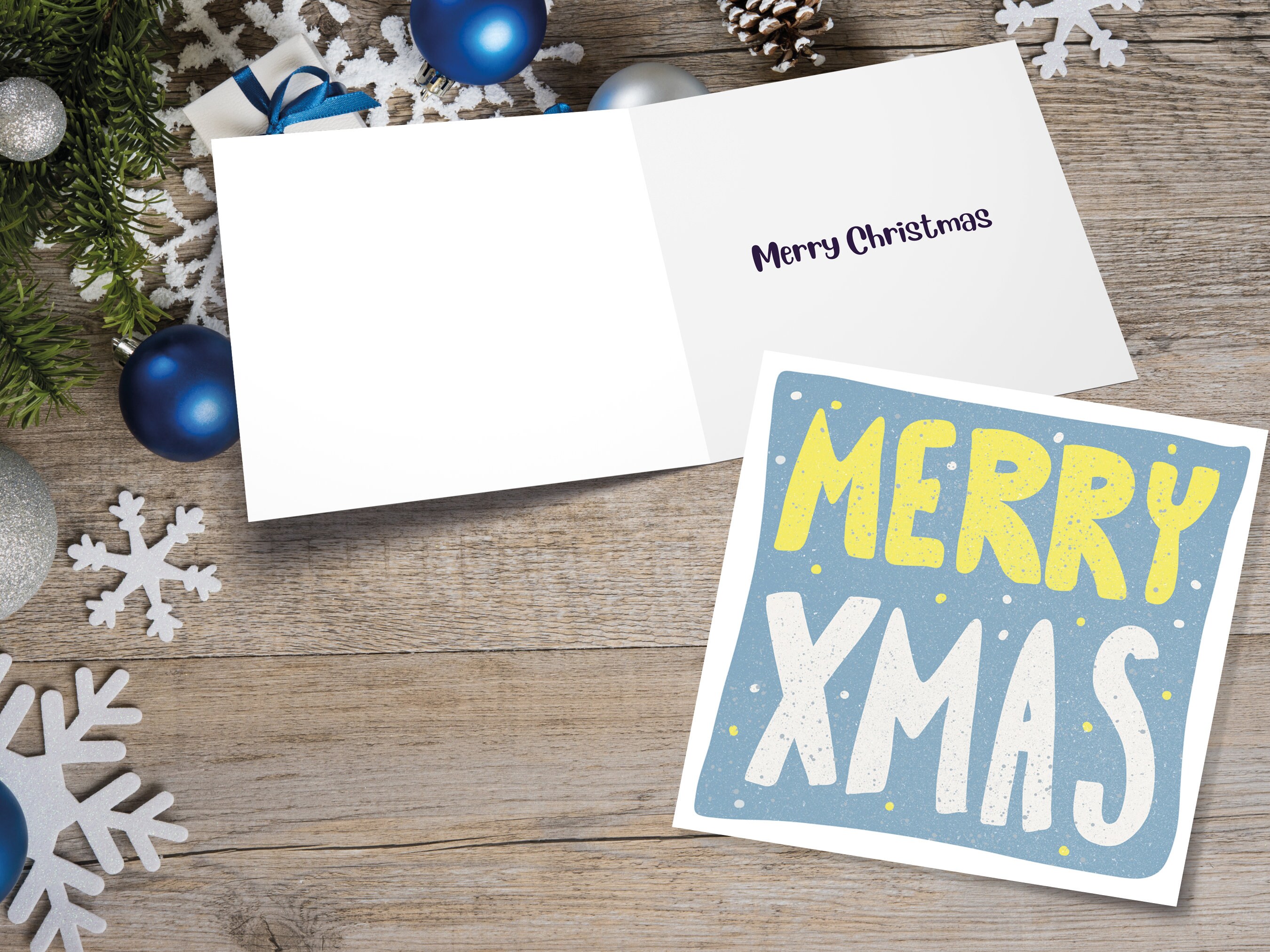 Hand Lettered Merry Christmas Card Blue and Yellow Bold Lettering Quote Festive Greetings for Friends or Family 1, 5 or 10 Pack Set Simple - View 2