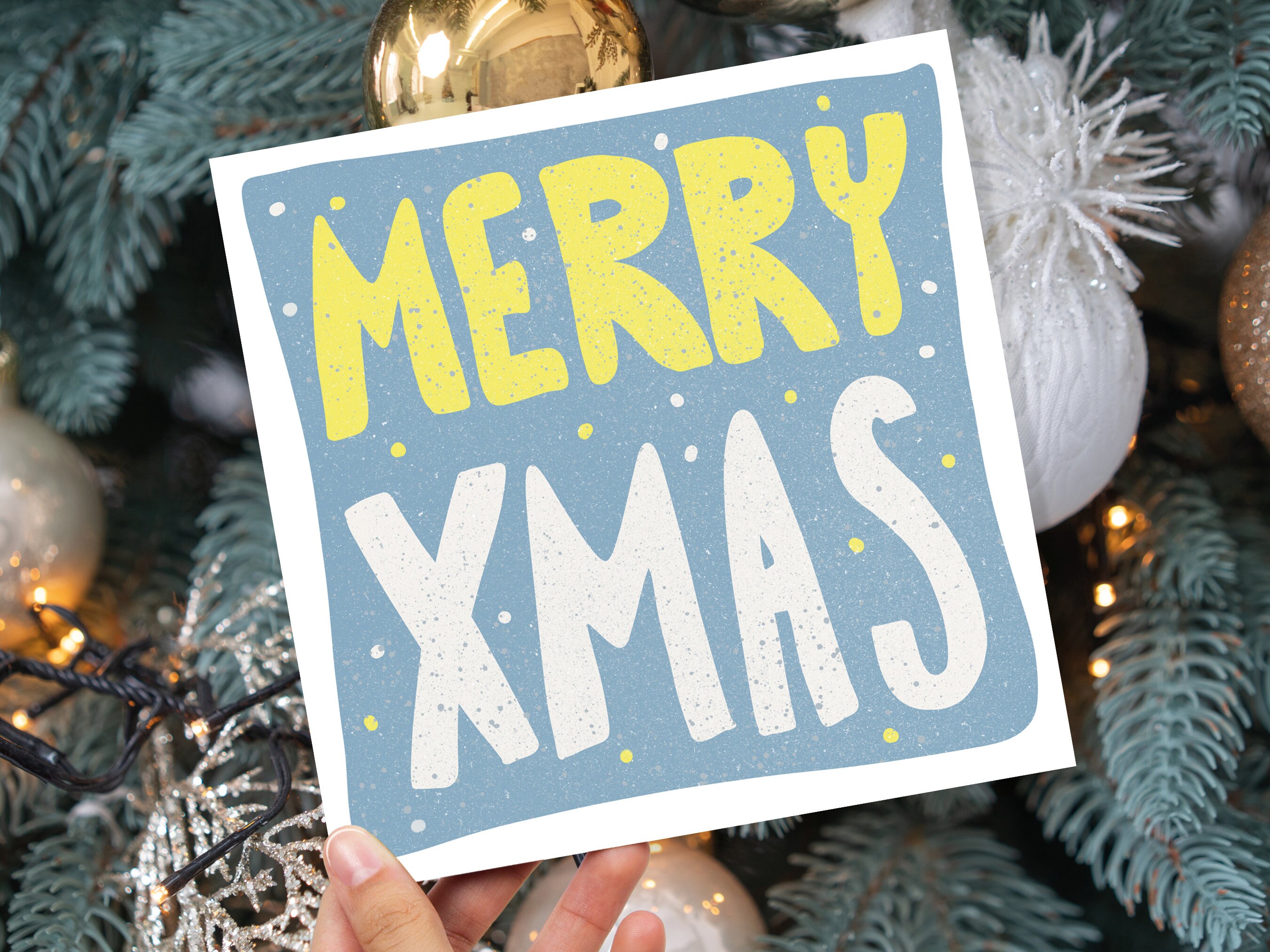 Hand Lettered Merry Christmas Card Blue and Yellow Bold Lettering Quote Festive Greetings for Friends or Family 1, 5 or 10 Pack Set Simple - View 3