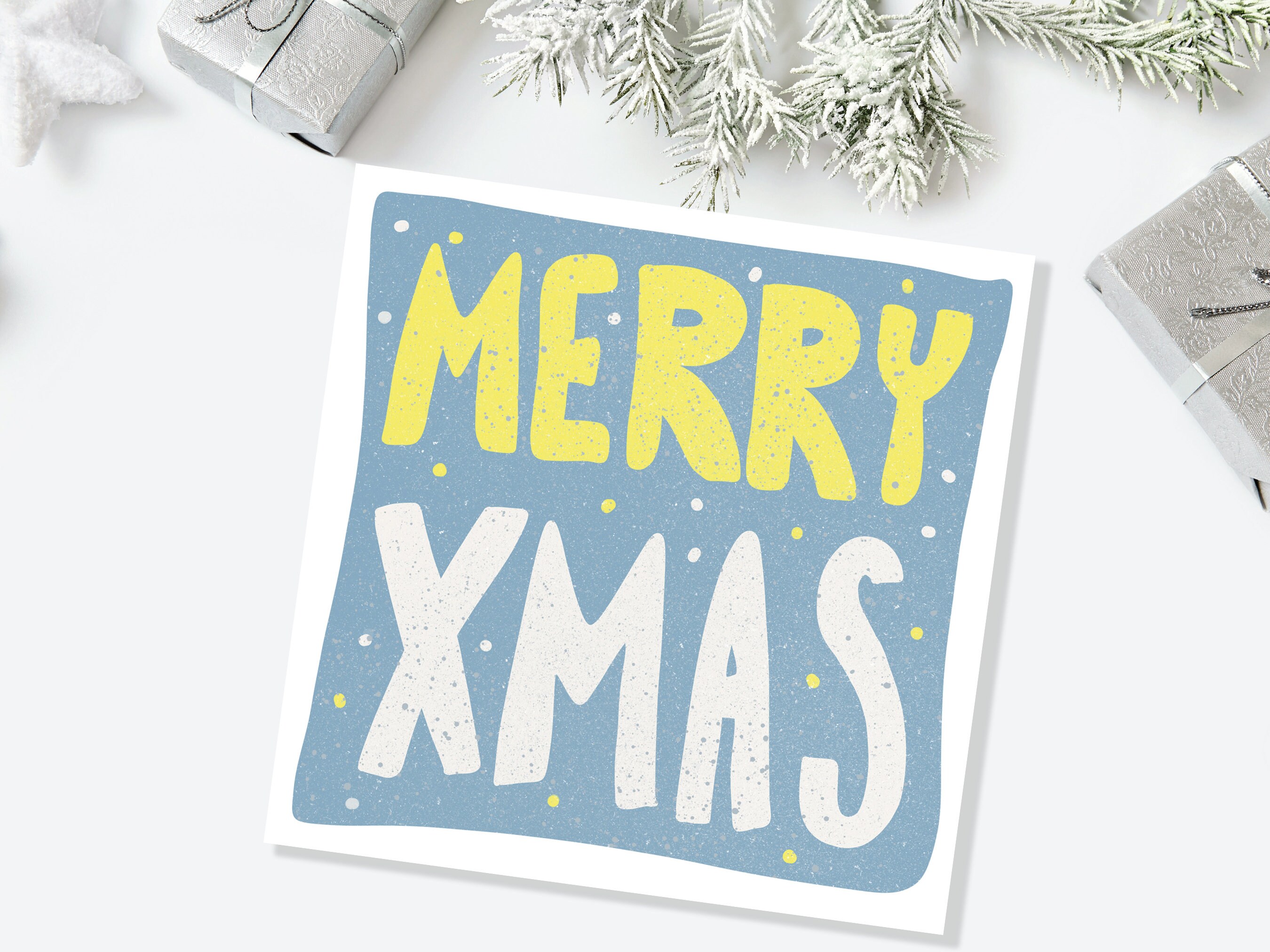 Hand Lettered Merry Christmas Card Blue and Yellow Bold Lettering Quote Festive Greetings for Friends or Family 1, 5 or 10 Pack Set Simple - View 4