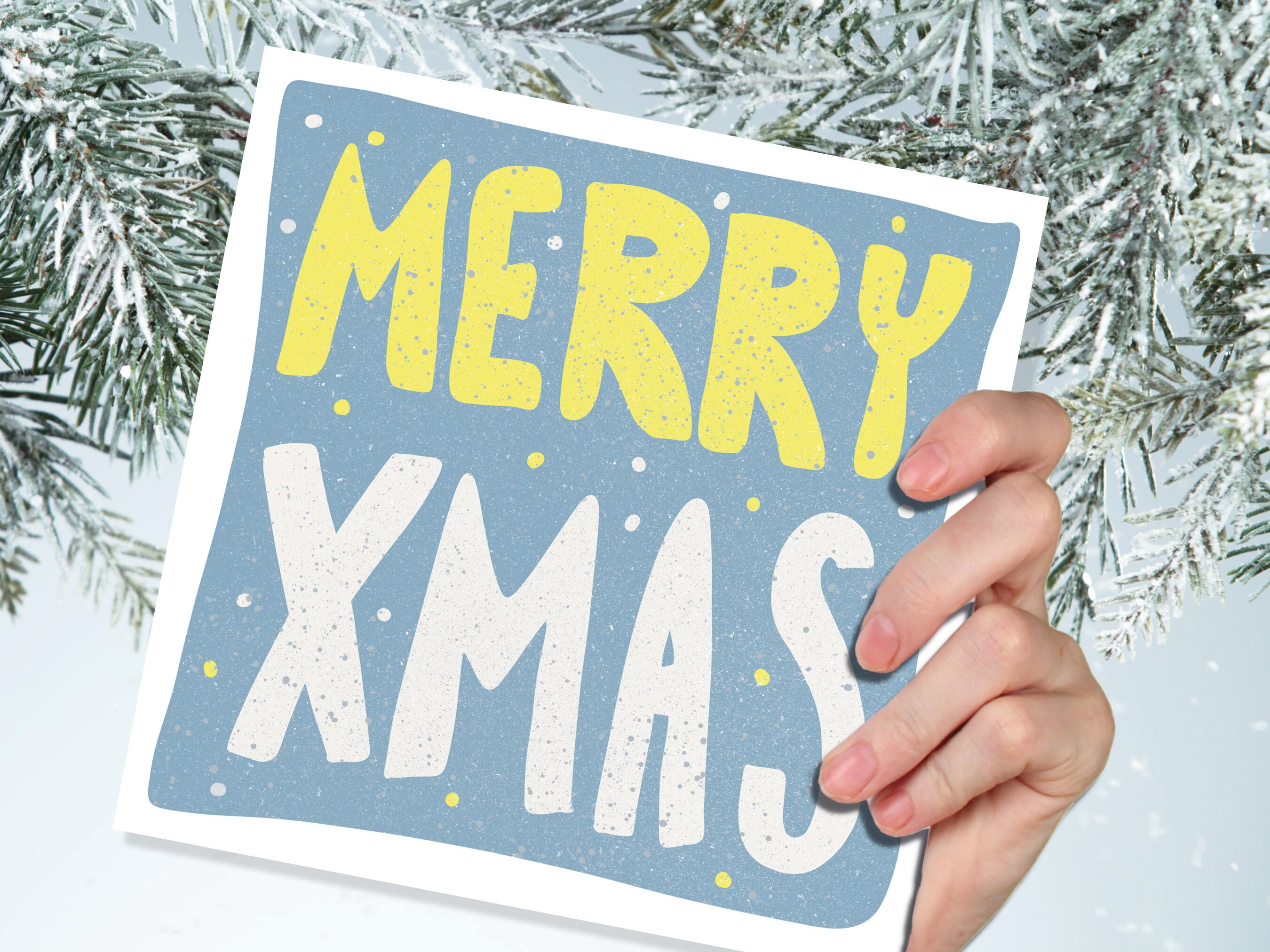 Hand Lettered Merry Christmas Card Blue and Yellow Bold Lettering Quote Festive Greetings for Friends or Family 1, 5 or 10 Pack Set Simple - View 6