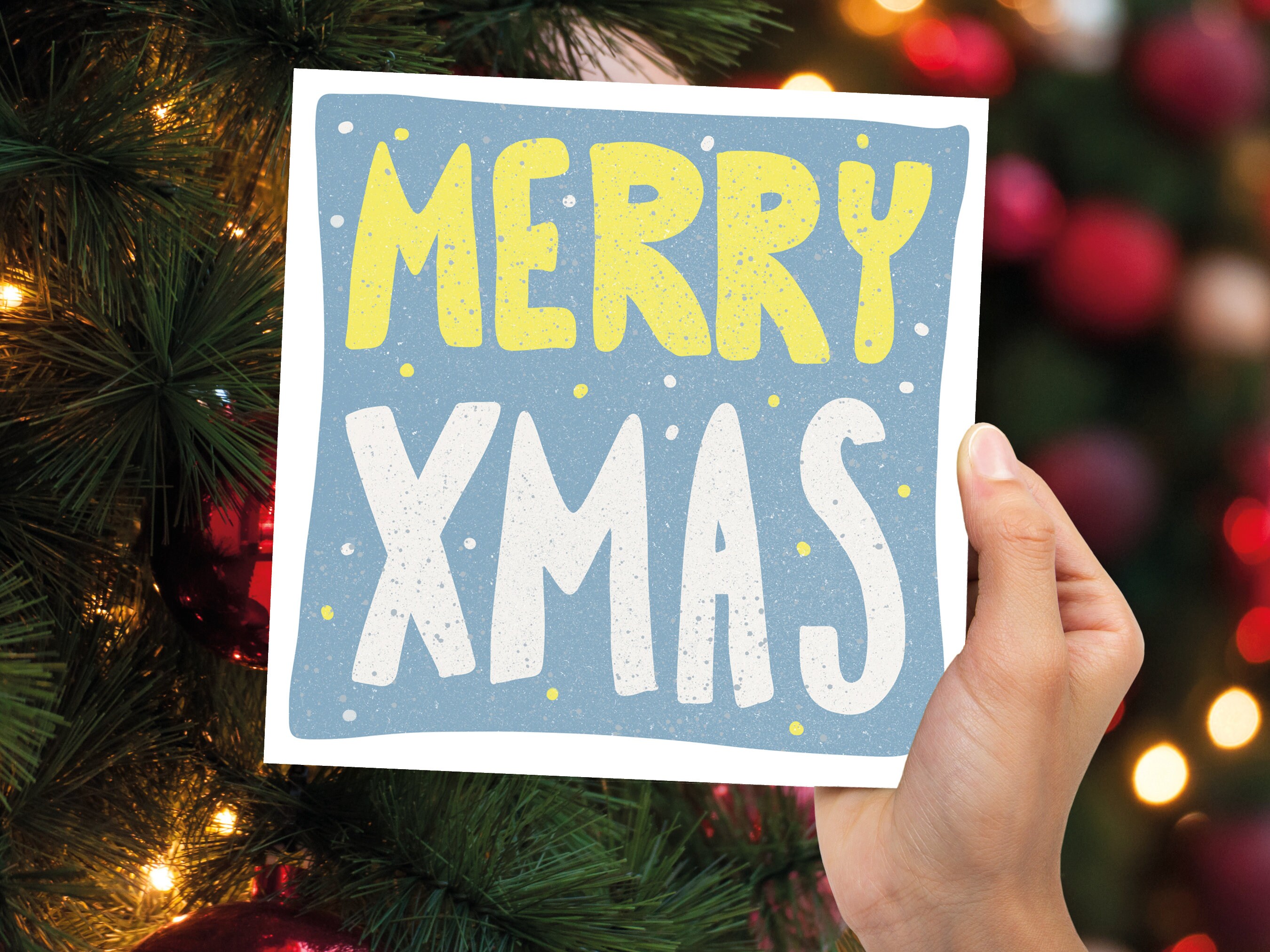 Hand Lettered Merry Christmas Card Blue and Yellow Bold Lettering Quote Festive Greetings for Friends or Family 1, 5 or 10 Pack Set Simple - View 9