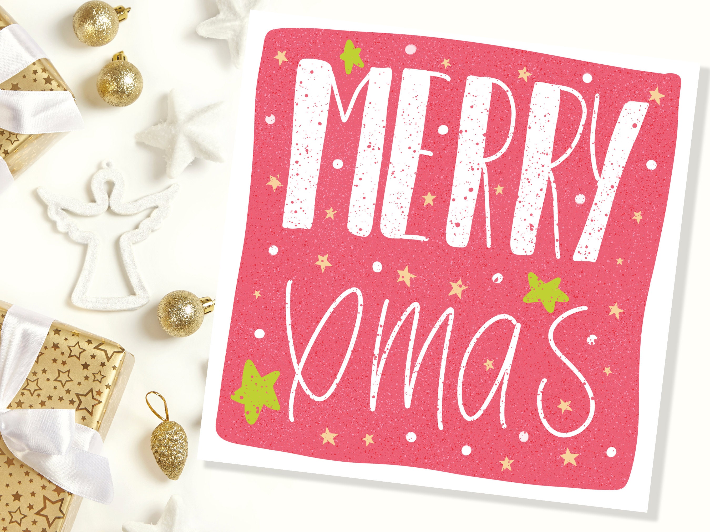 Merry Christmas Card Hand Lettering Red & Green Bold Lettered Quote Festive Greetings for Friends or Family 1, 5 or 10 Pack Set Illustration - View 2