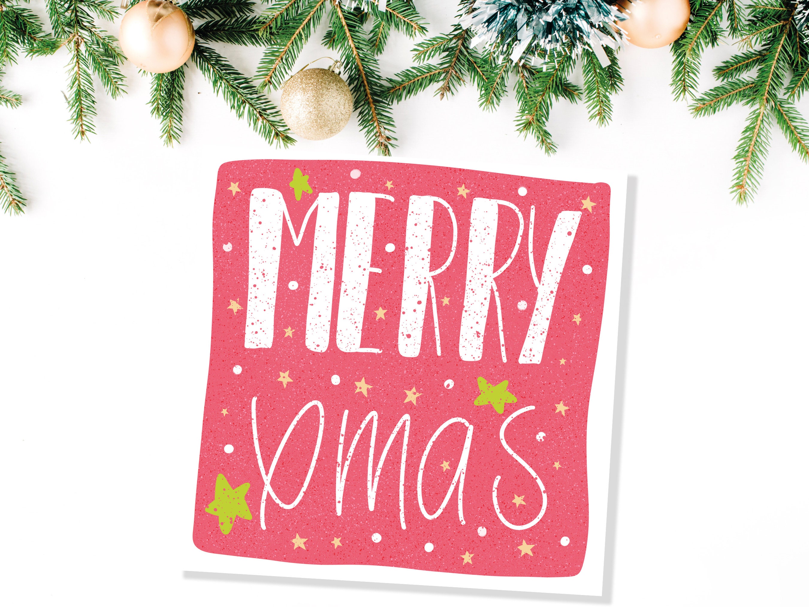 Merry Christmas Card Hand Lettering Red & Green Bold Lettered Quote Festive Greetings for Friends or Family 1, 5 or 10 Pack Set Illustration - View 6