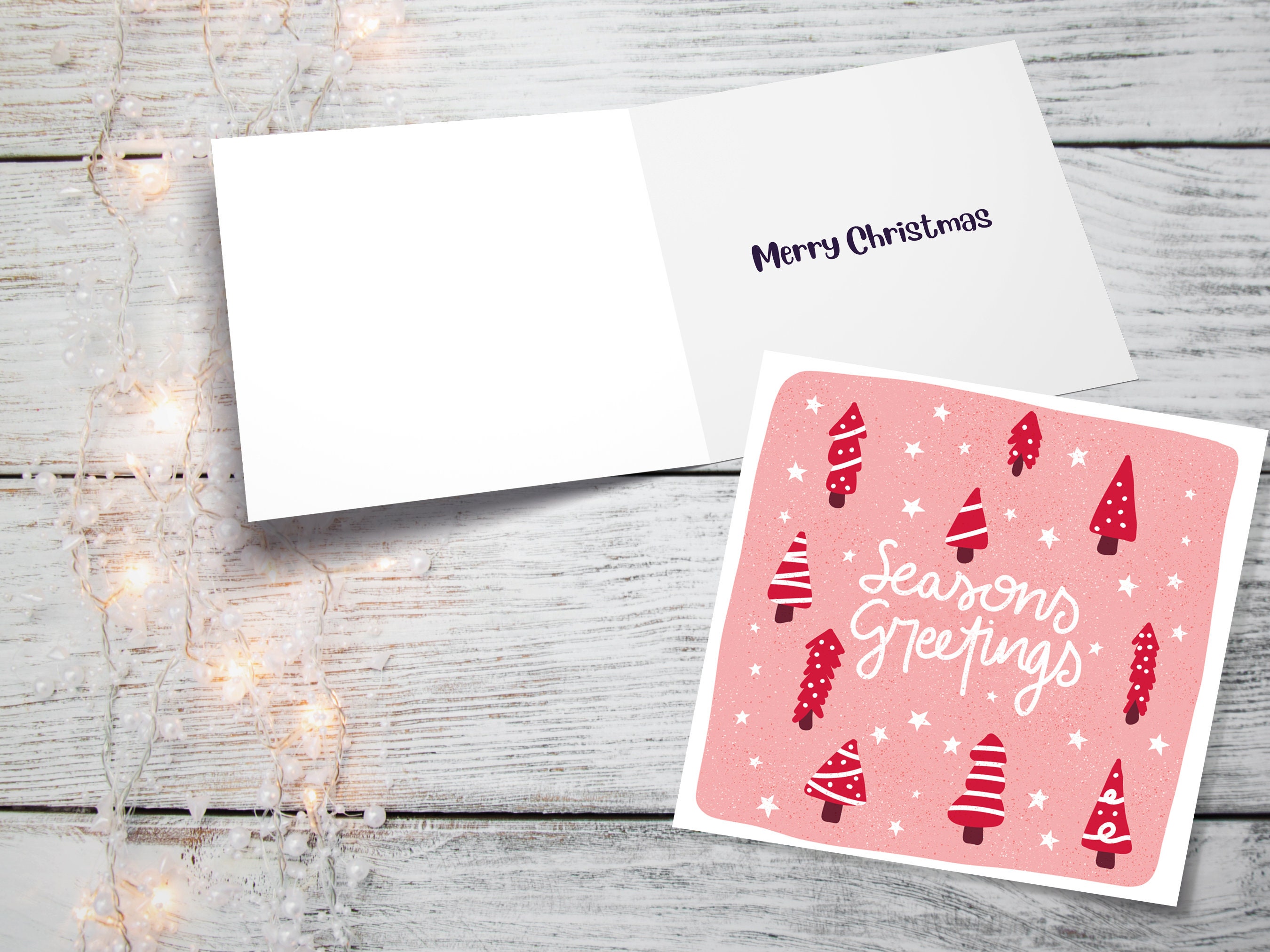 Red Fir Trees Christmas Card Greetings Cards Illustration Hand Drawn Drawing for Friends and Family 1, 5  or 10 Pack Set Bulk Xmas Tree Pink - View 2