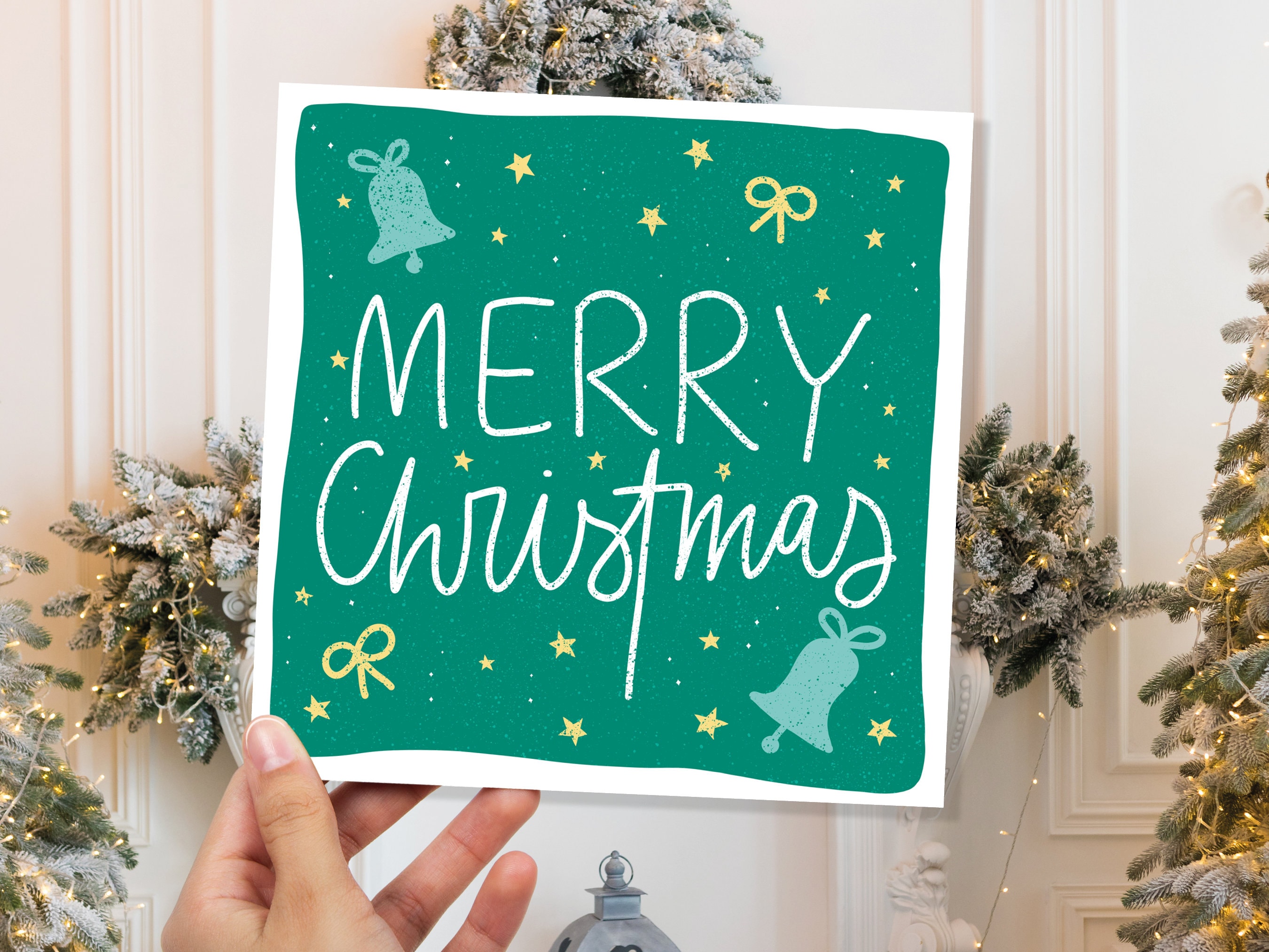 Merry Christmas Bells Card Greetings Cards Hand Lettered Lettering Illustration for Friends and Family 1, 5  or 10 Pack Set Bulk Xmas