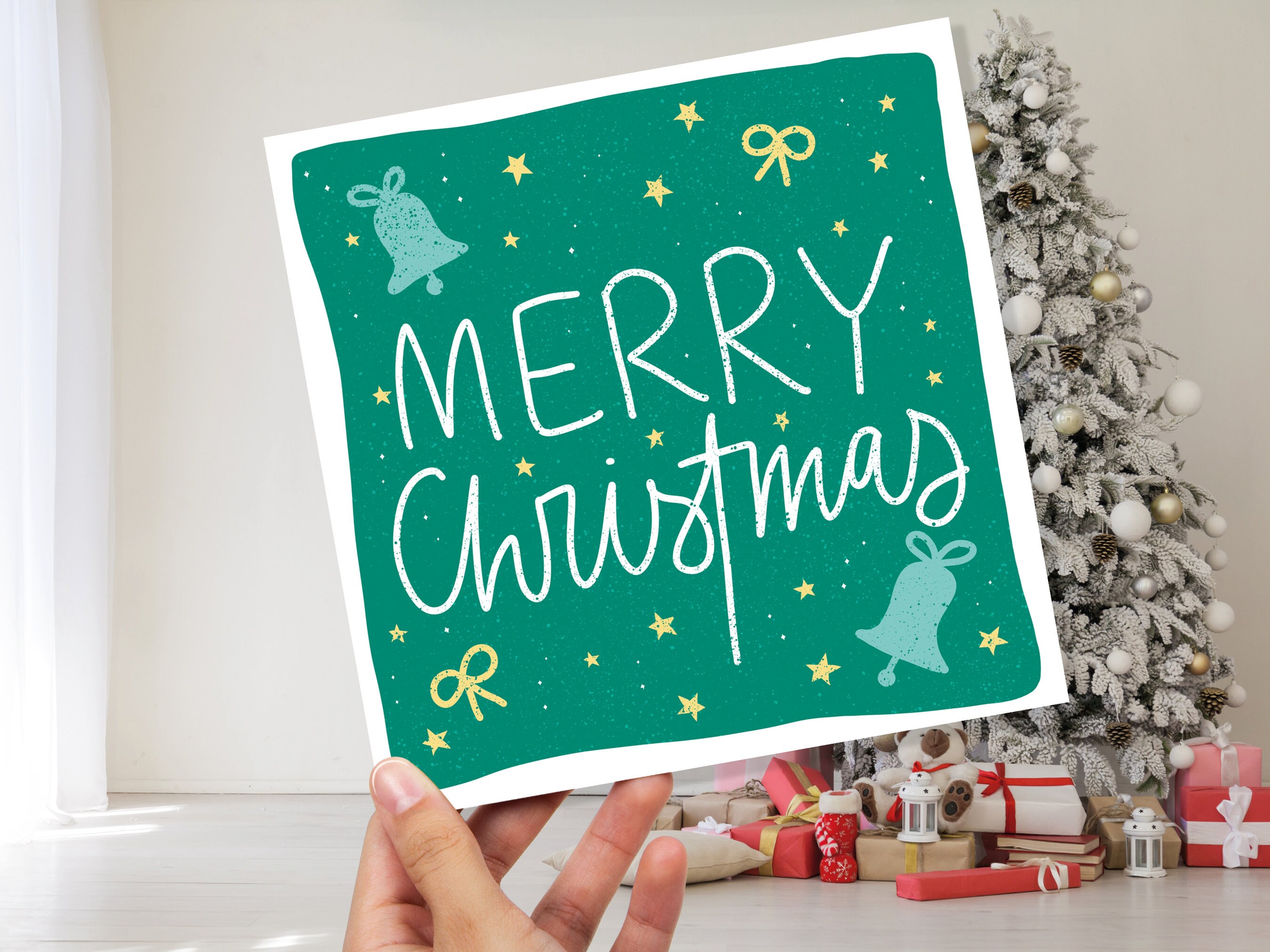 Merry Christmas Bells Card Greetings Cards Hand Lettered Lettering Illustration for Friends and Family 1, 5  or 10 Pack Set Bulk Xmas - View 2