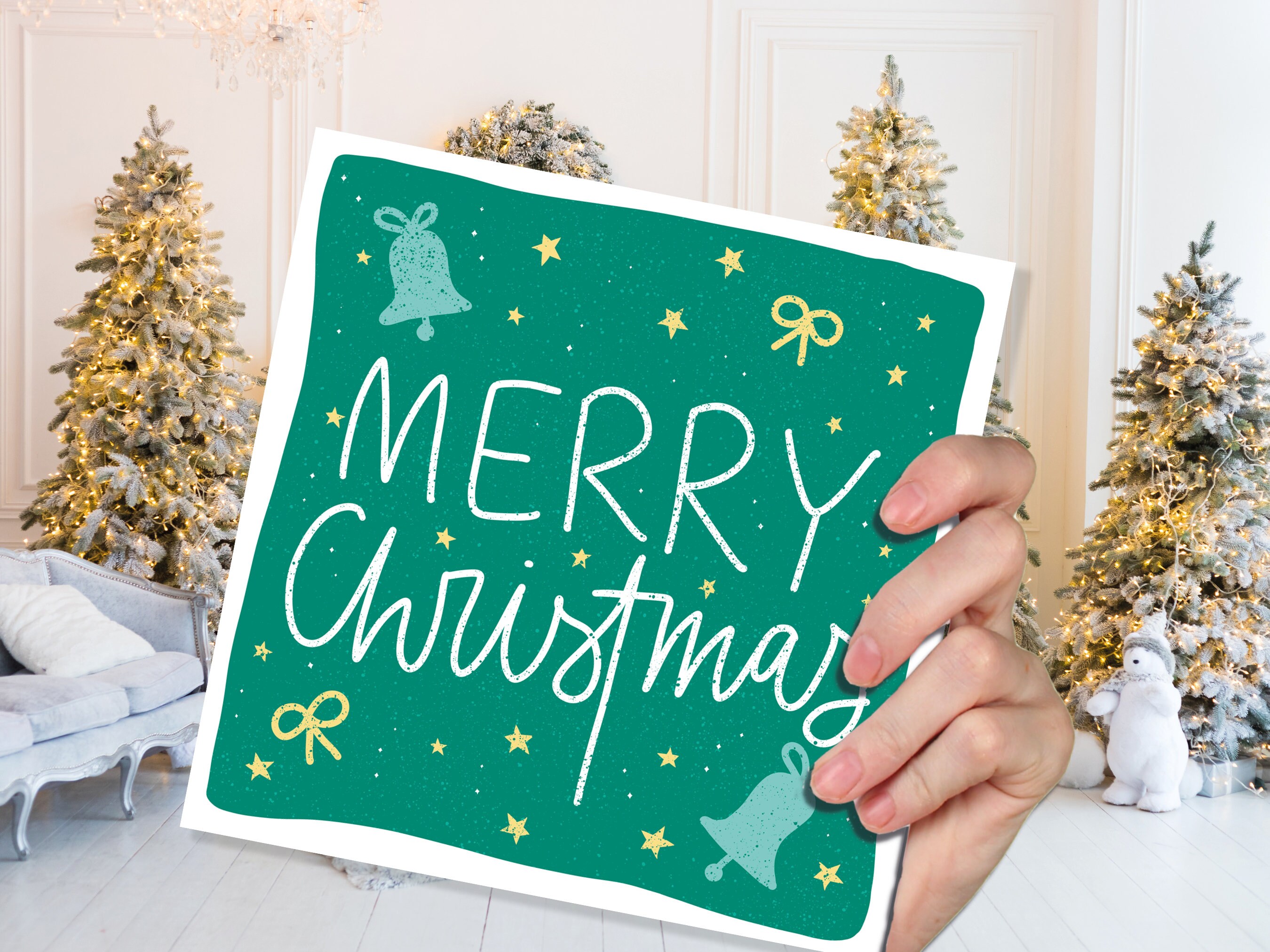 Merry Christmas Bells Card Greetings Cards Hand Lettered Lettering Illustration for Friends and Family 1, 5  or 10 Pack Set Bulk Xmas - View 5