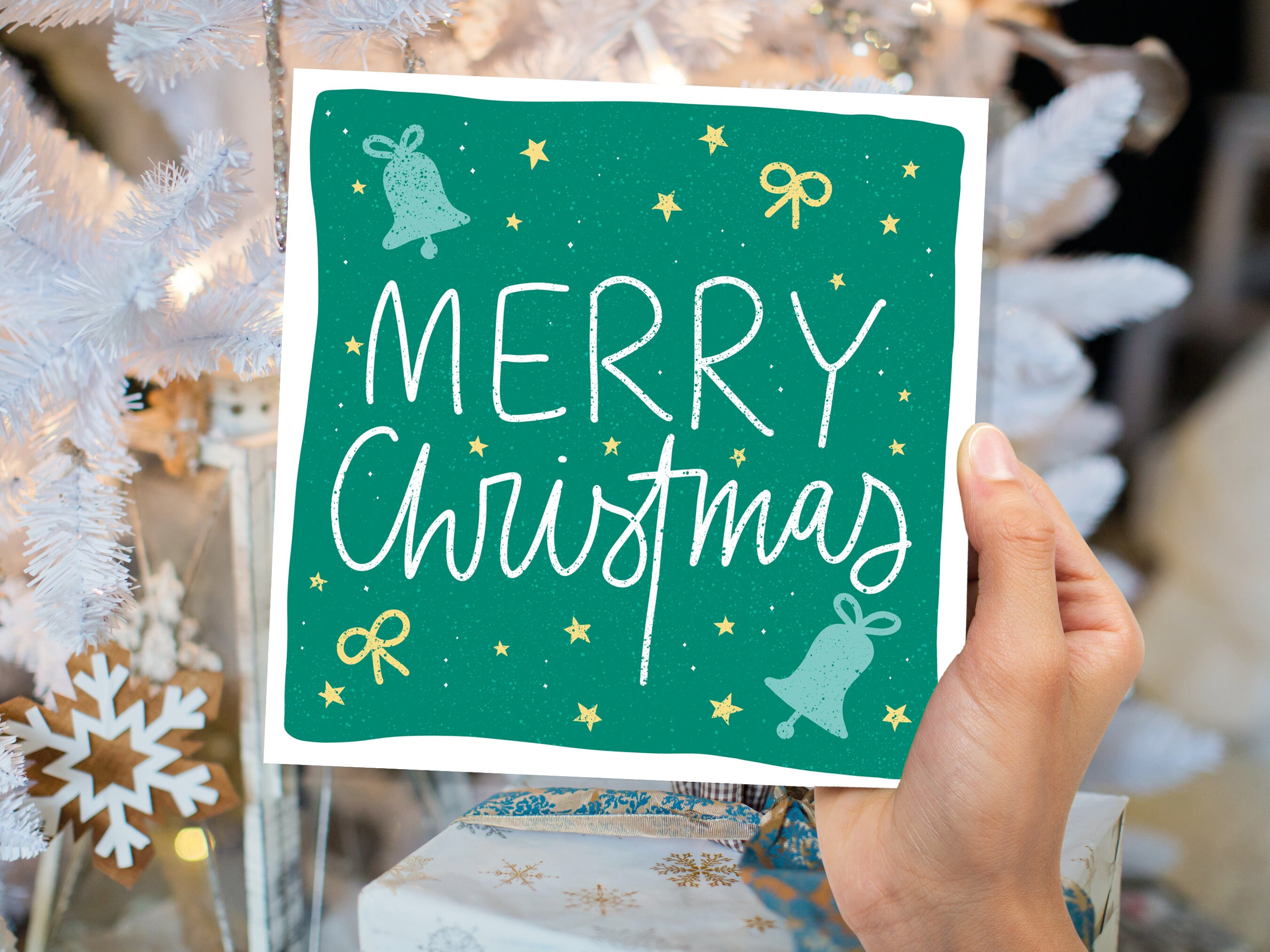 Merry Christmas Bells Card Greetings Cards Hand Lettered Lettering Illustration for Friends and Family 1, 5  or 10 Pack Set Bulk Xmas - View 7