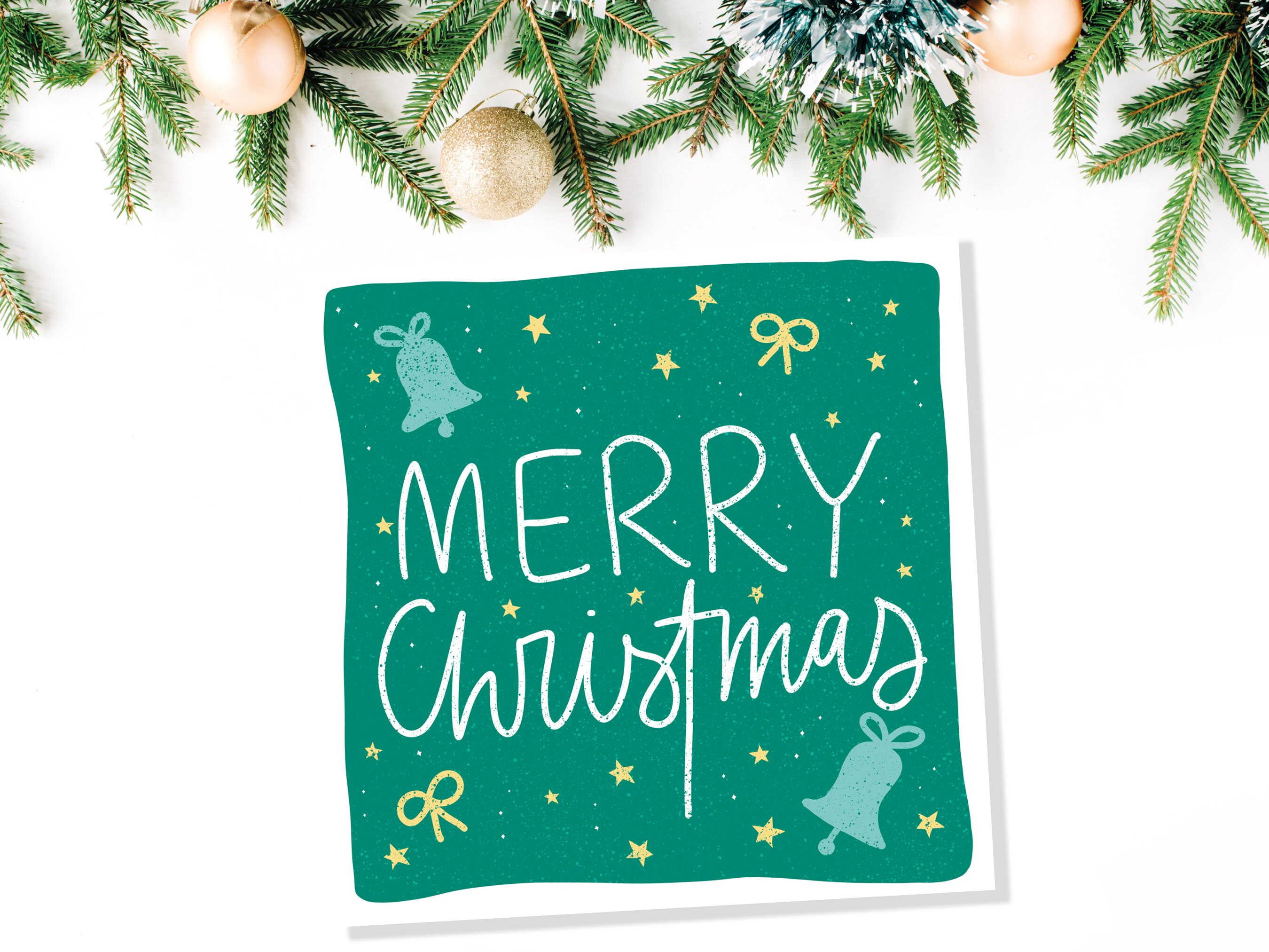 Merry Christmas Bells Card Greetings Cards Hand Lettered Lettering Illustration for Friends and Family 1, 5  or 10 Pack Set Bulk Xmas - View 8