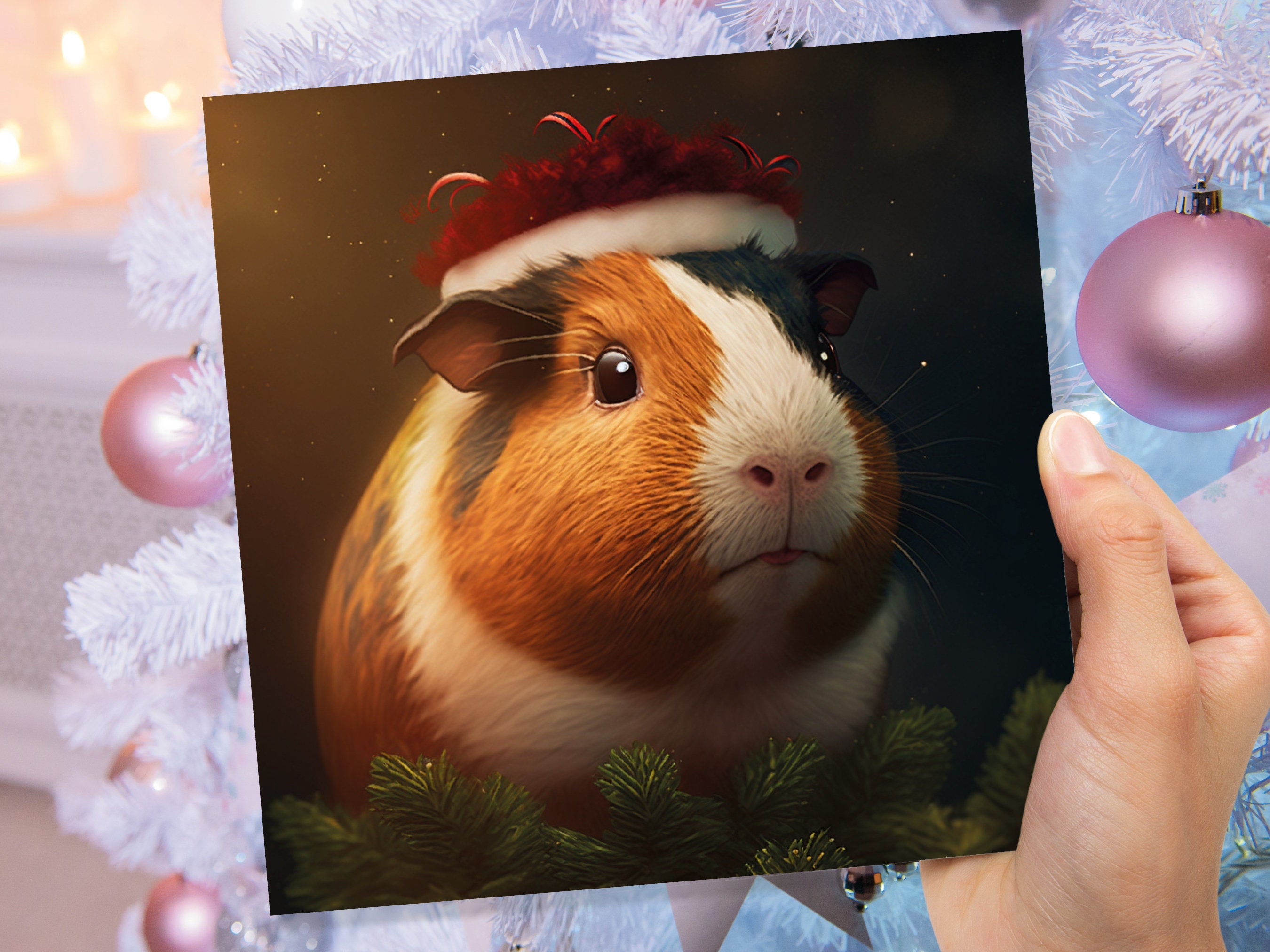 Cute Guinea Pig Christmas Card Wearing Xmas Hat Unique Greetings For Cavy Fans Family Friends Xmas 2024 1 or 10 Pack Set for Owners Pets Fun