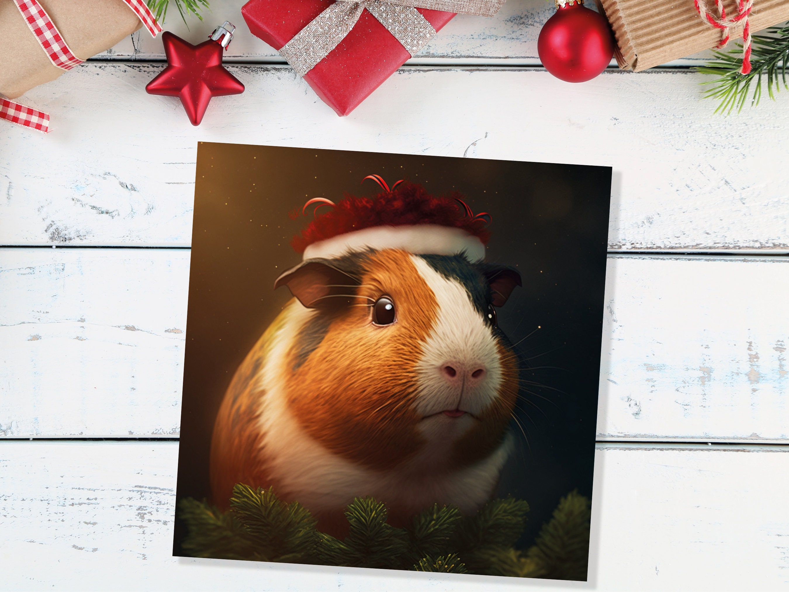 Cute Guinea Pig Christmas Card Wearing Xmas Hat Unique Greetings For Cavy Fans Family Friends Xmas 2024 1 or 10 Pack Set for Owners Pets Fun - View 3