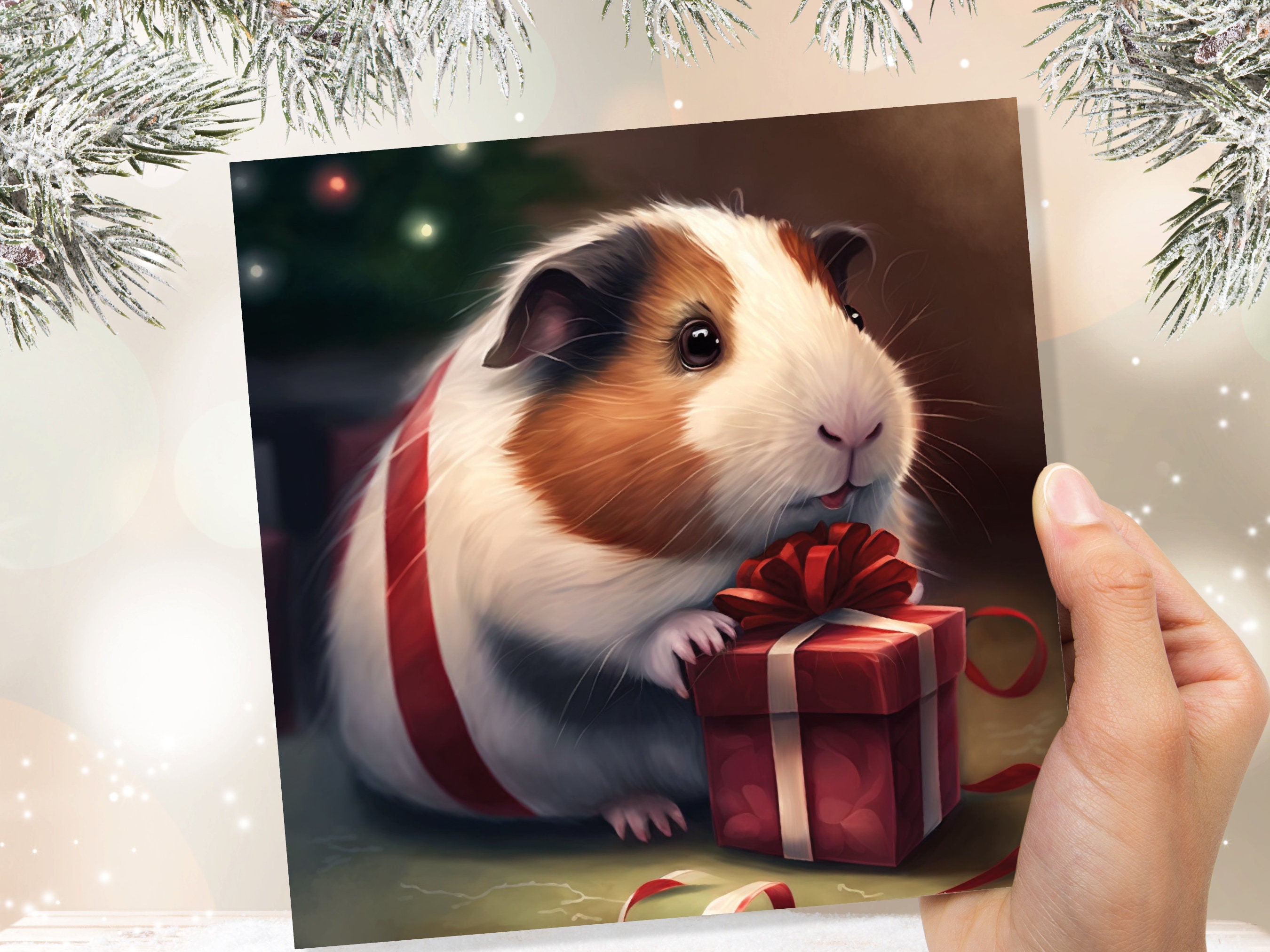 Cute Guinea Pig Christmas Card Gift Giving Present Unique Fun Greetings For Cavy Fans Family Friends Xmas 2024 1 or 10 Pack Set Owners Kids