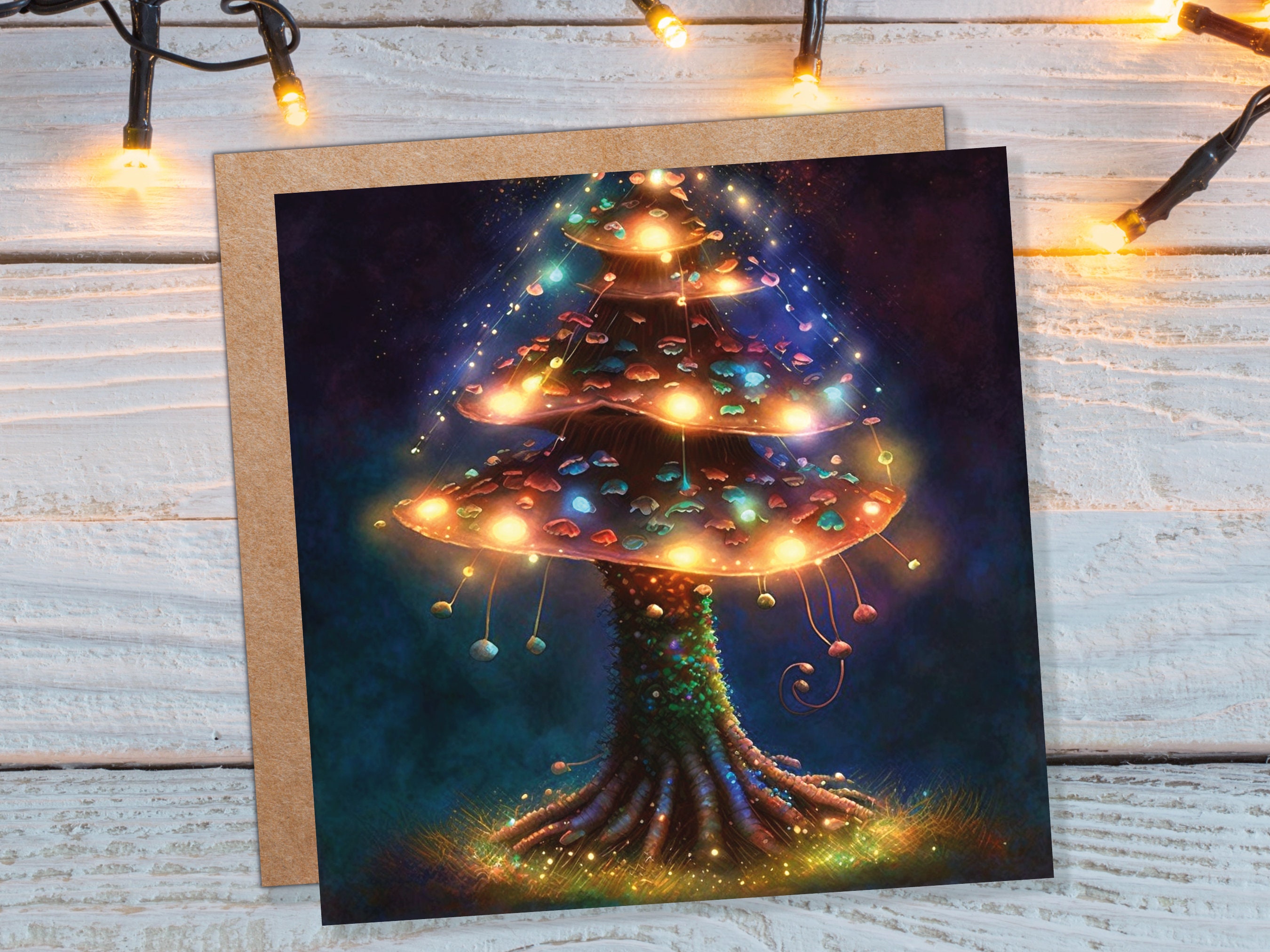 Mushroom Tree Card with Warm Fairy Lights Glowing Jewels Painting Unique Magical Whimsical Fairytale For Family Friends Christmas Thank You